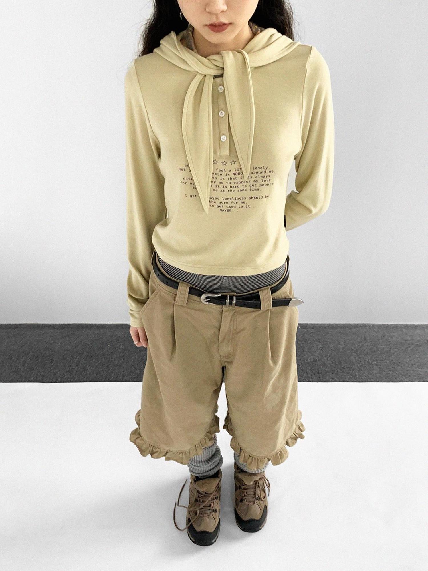 innomoood Lonely Letter Print Hooded Long Sleeve T-shirt