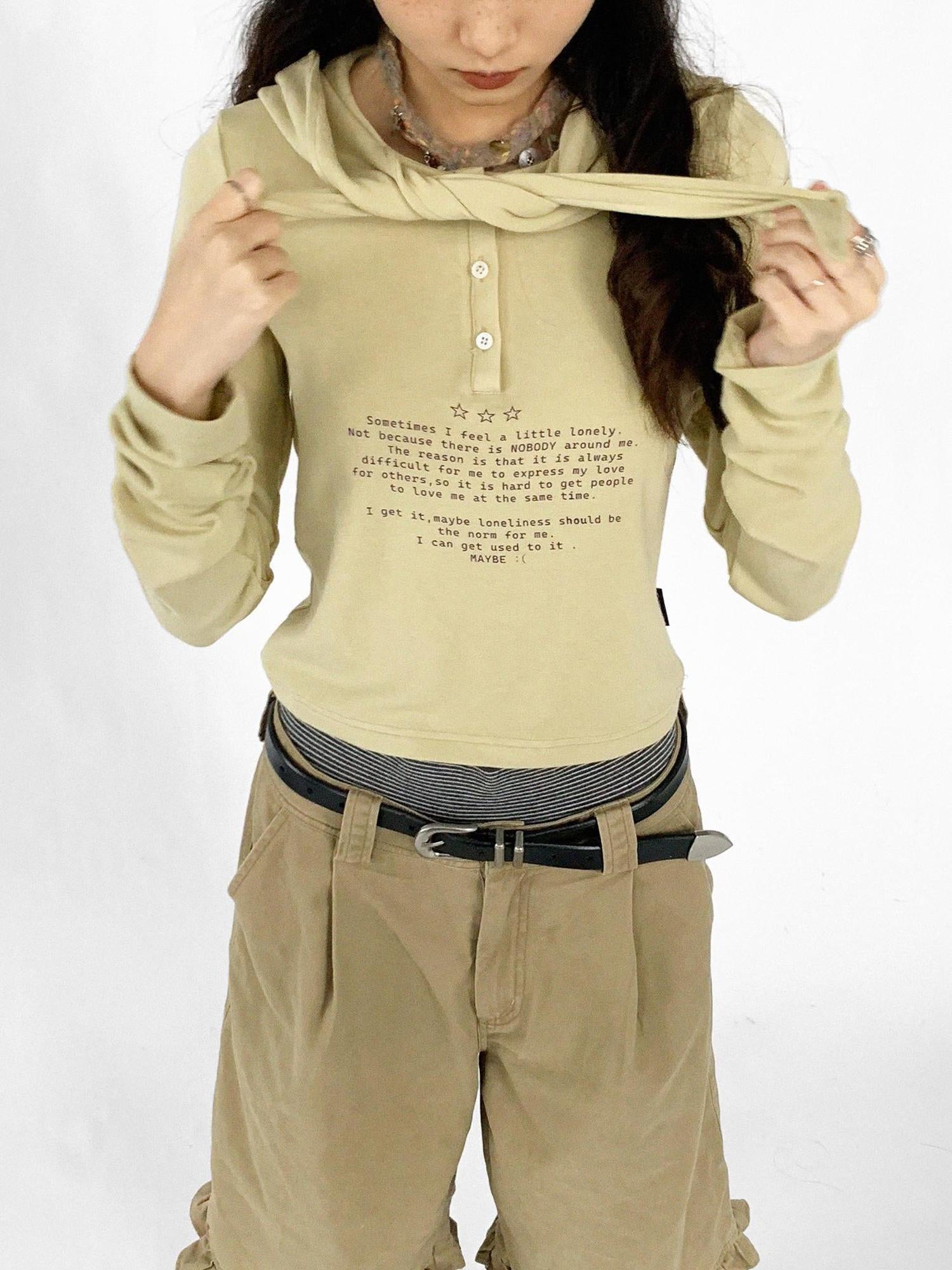 innomoood Lonely Letter Print Hooded Long Sleeve T-shirt