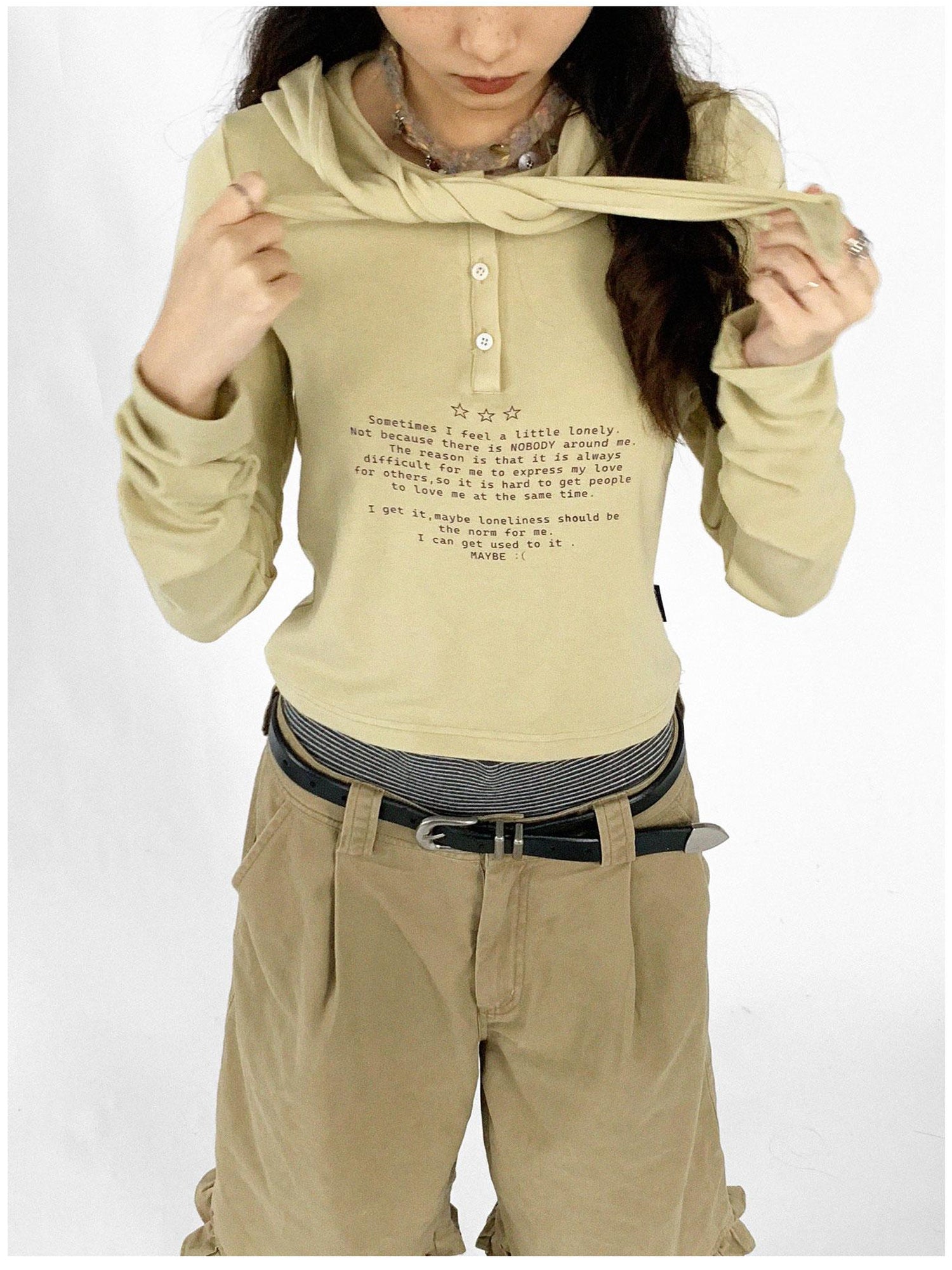 innomoood Lonely Letter Print Hooded Long Sleeve T-shirt