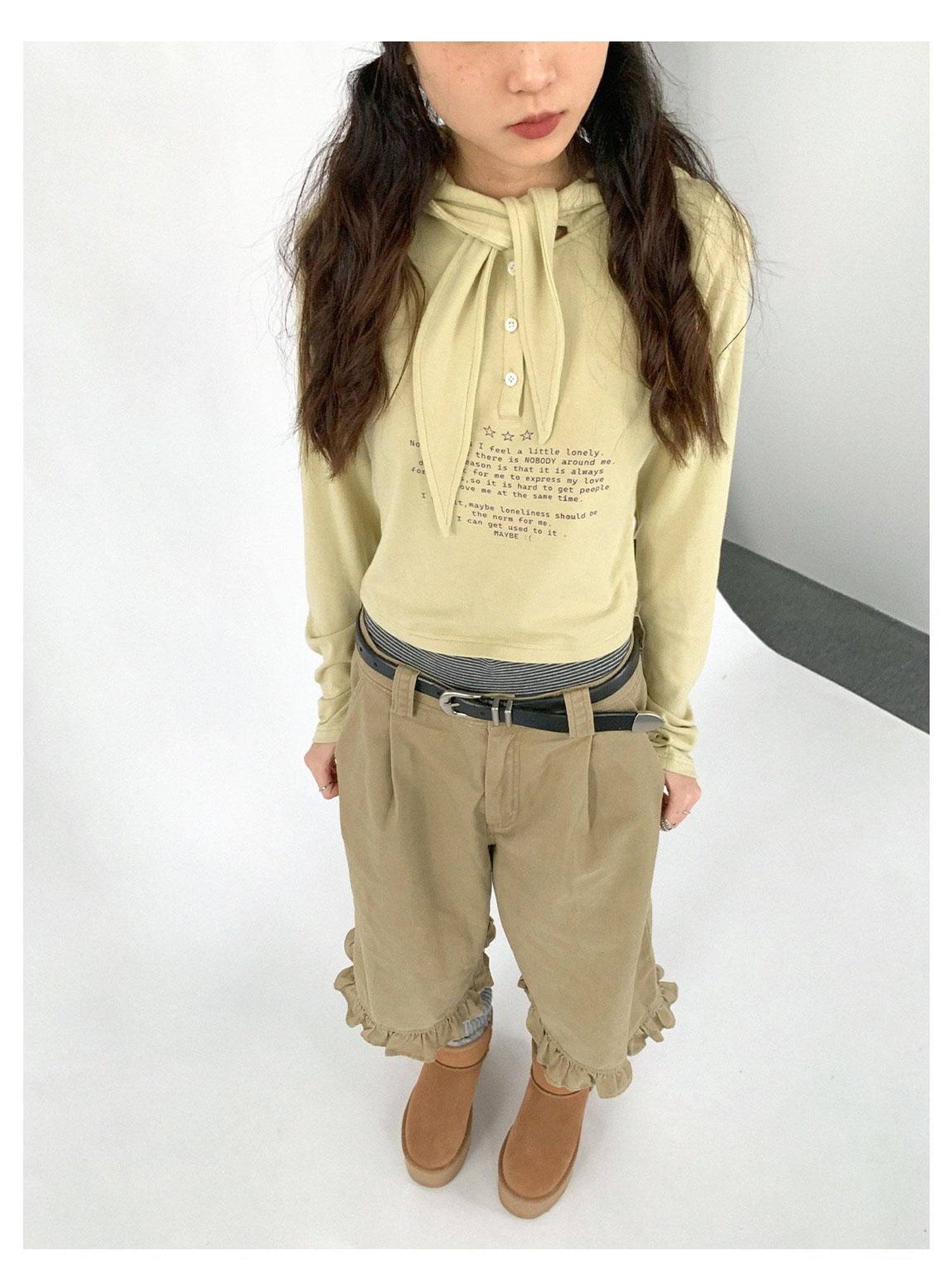 innomoood Lonely Letter Print Hooded Long Sleeve T-shirt