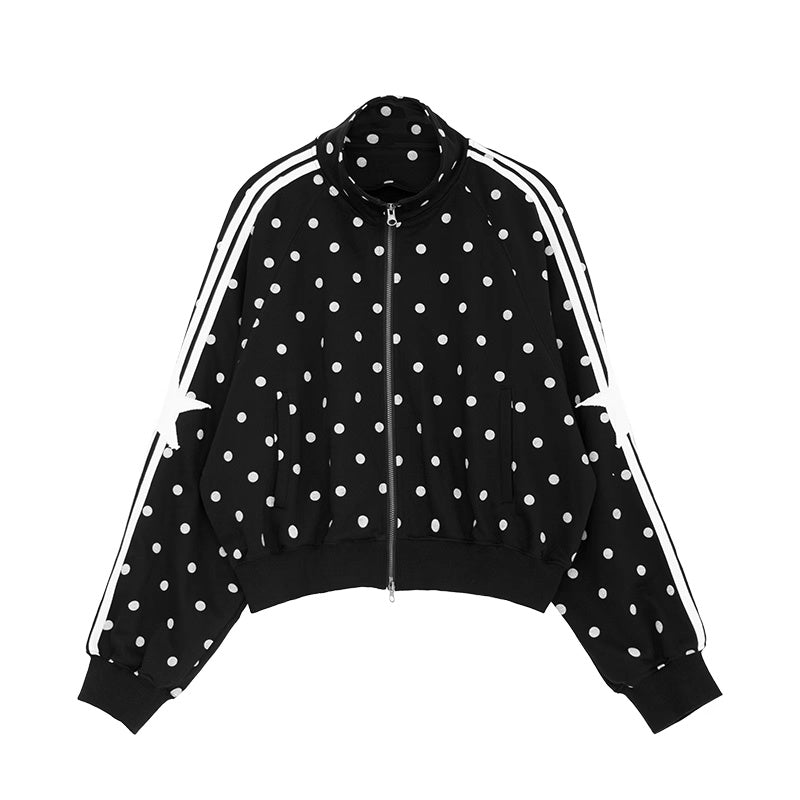innomoood_Loose_Terry_Zip_Front_Stand_Collar_Polka_Dot_Commuter_Women_Cardigan_Sweatshirt_MISSTT