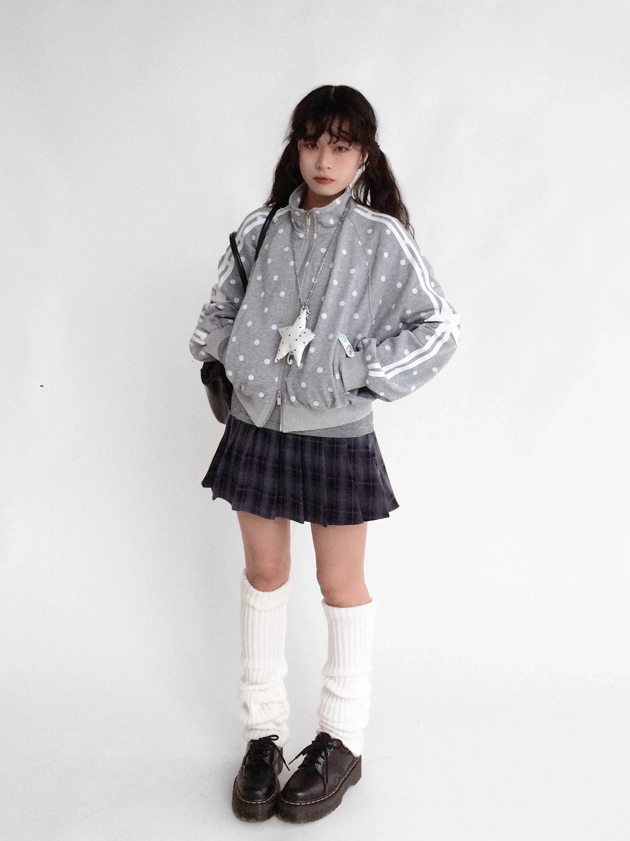 innomoood Loose Terry Zip Front Stand Collar Polka Dot Commuter Women Cardigan Sweatshirt