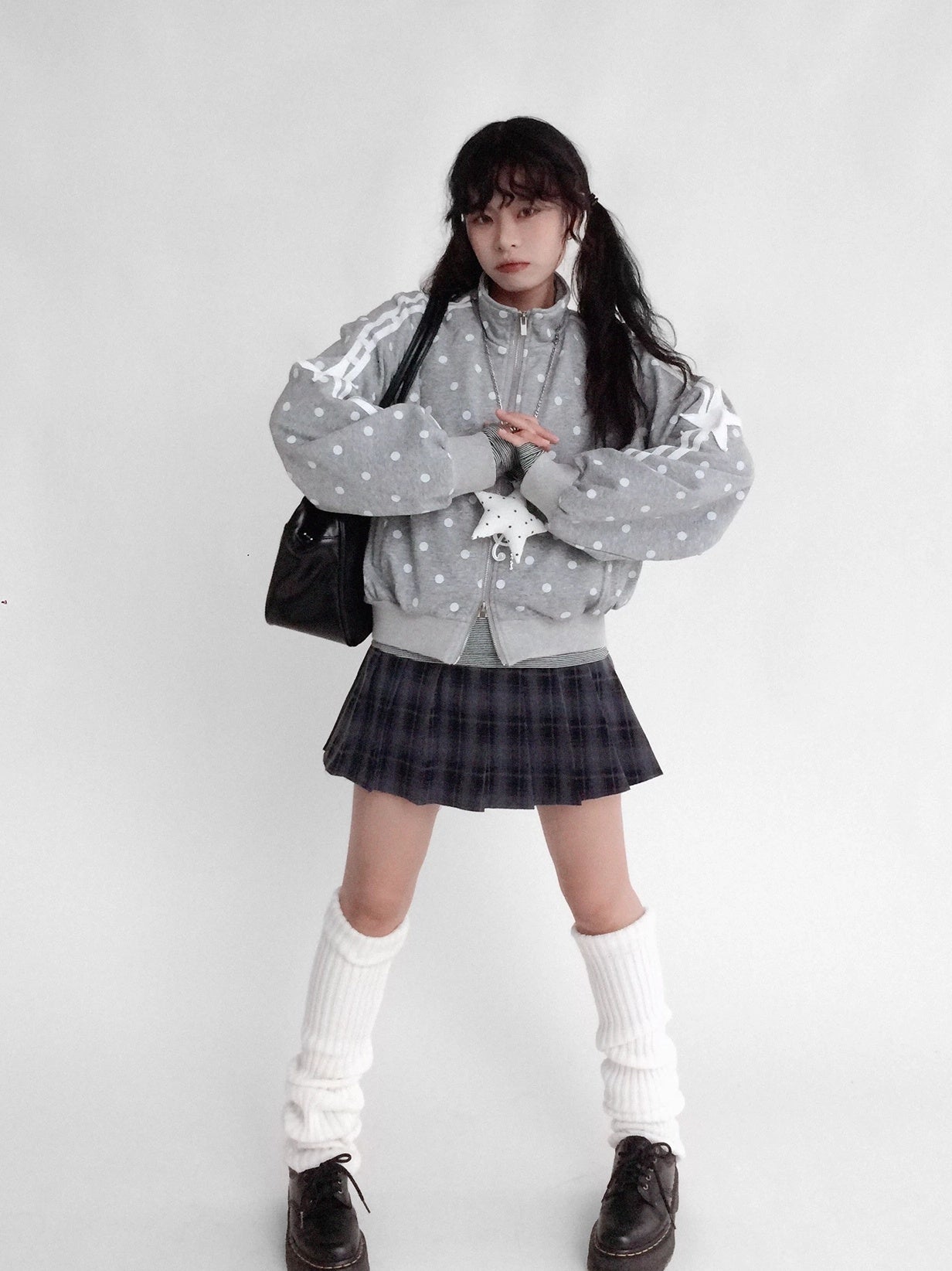 innomoood Loose Terry Zip Front Stand Collar Polka Dot Commuter Women Cardigan Sweatshirt