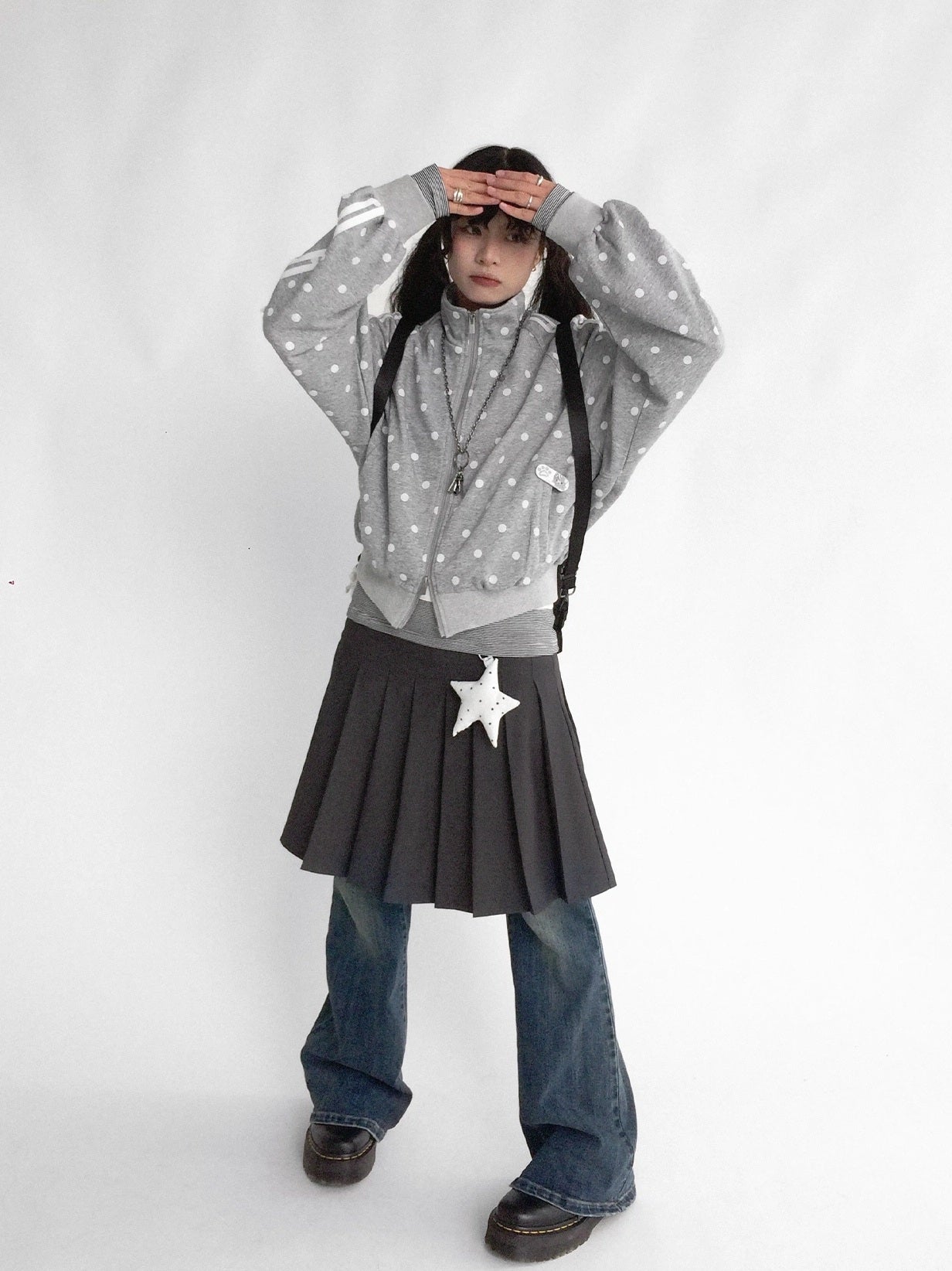 innomoood Loose Terry Zip Front Stand Collar Polka Dot Commuter Women Cardigan Sweatshirt