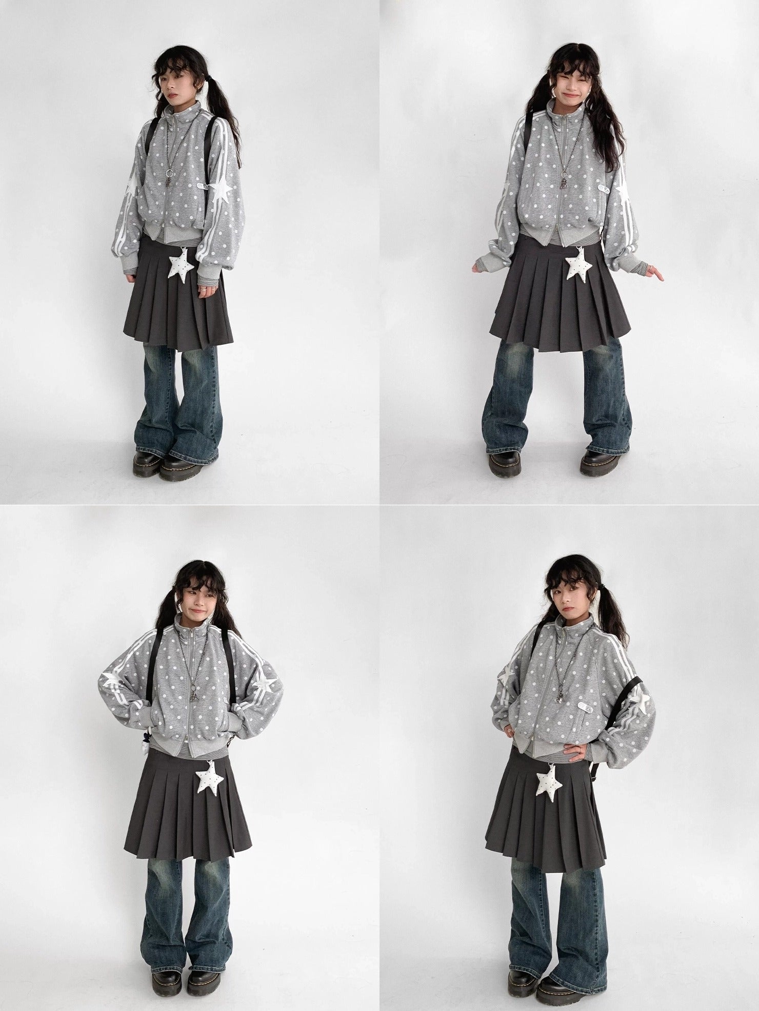 innomoood Loose Terry Zip Front Stand Collar Polka Dot Commuter Women Cardigan Sweatshirt