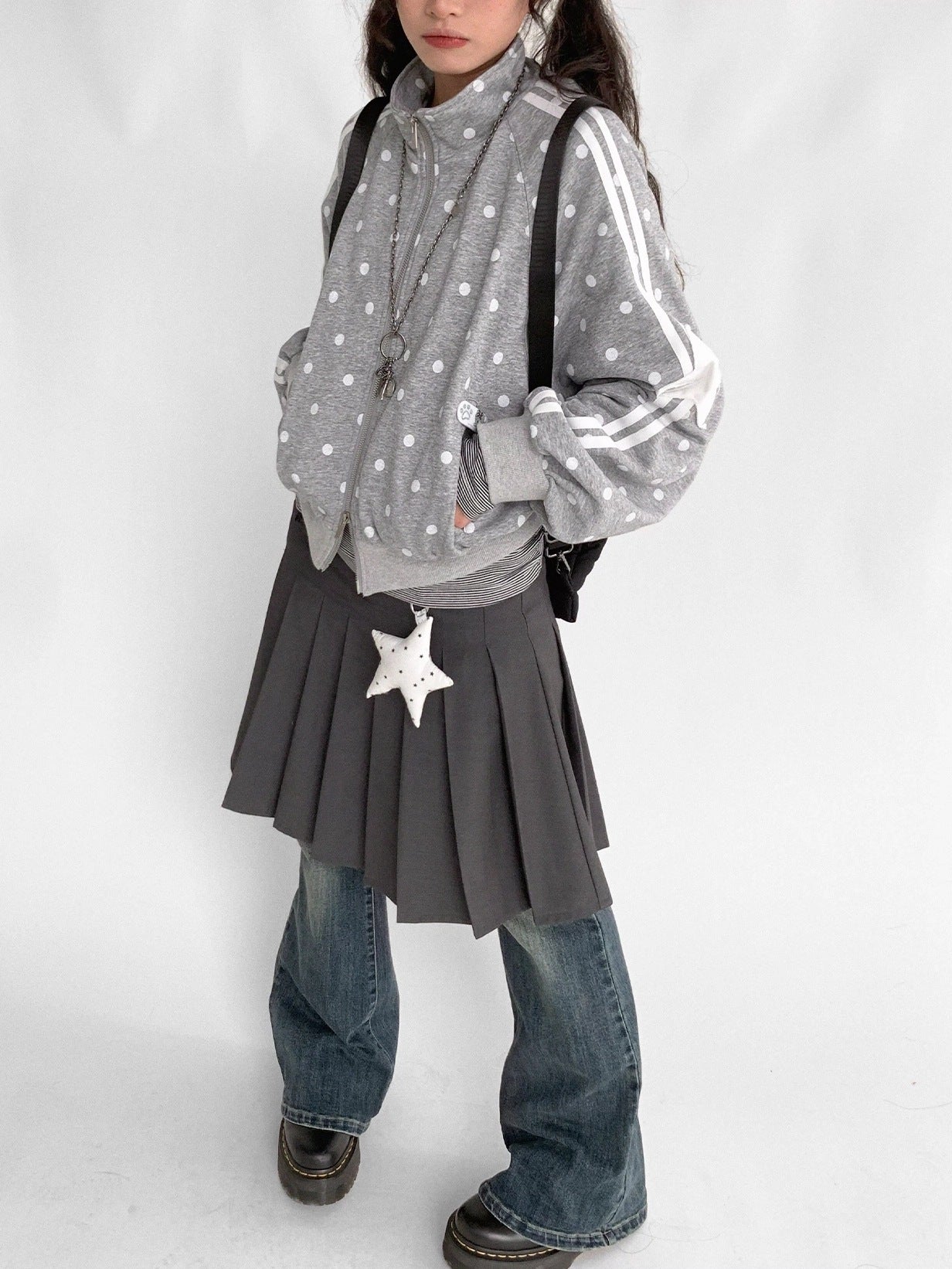 innomoood Loose Terry Zip Front Stand Collar Polka Dot Commuter Women Cardigan Sweatshirt