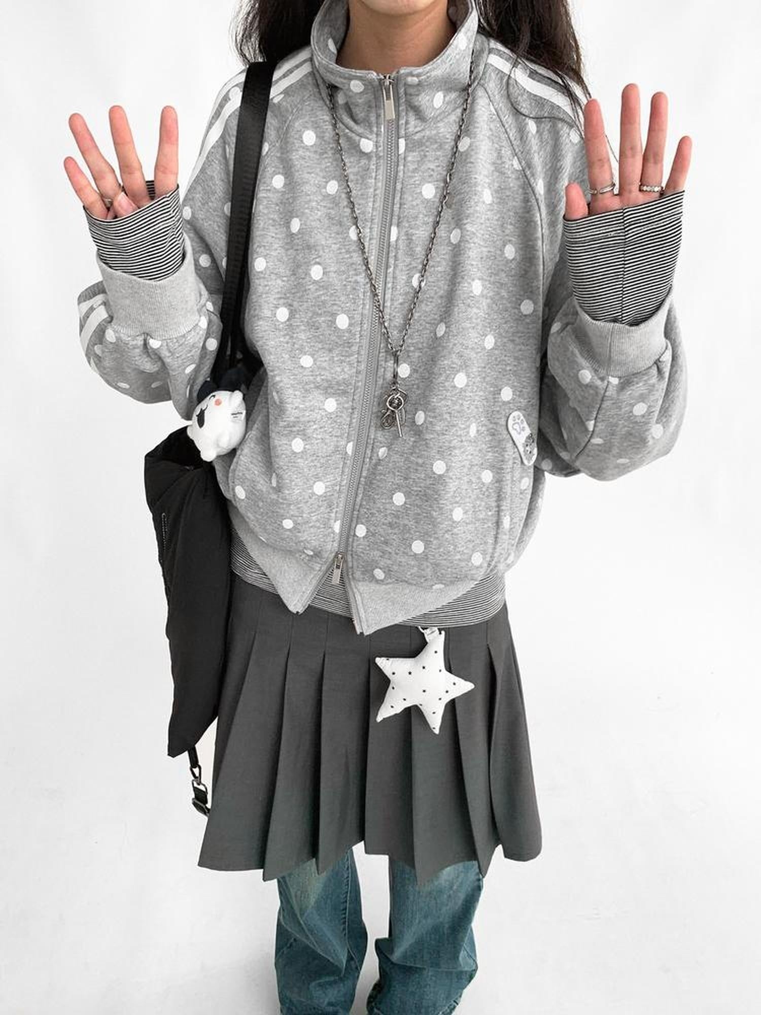 innomoood Loose Terry Zip Front Stand Collar Polka Dot Commuter Women Cardigan Sweatshirt