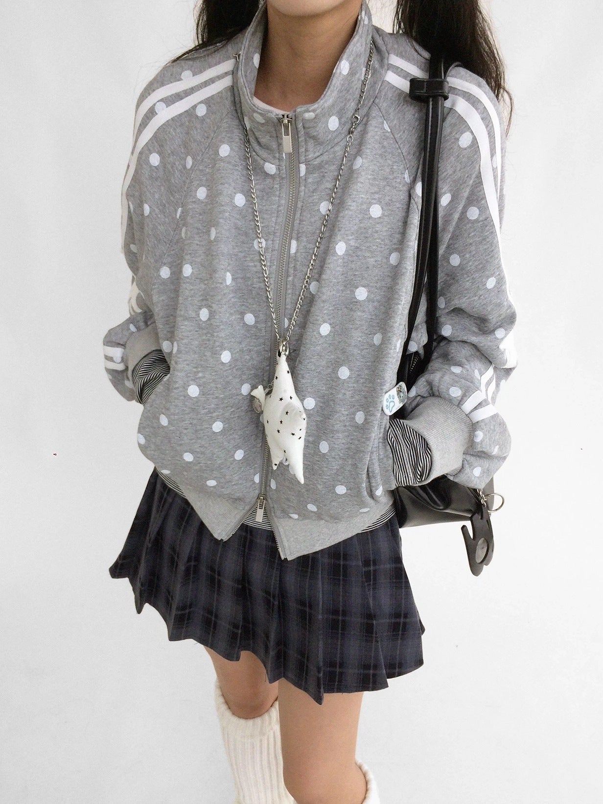 innomoood Loose Terry Zip Front Stand Collar Polka Dot Commuter Women Cardigan Sweatshirt