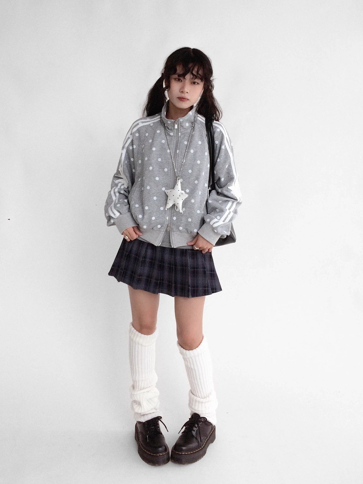 innomoood Loose Terry Zip Front Stand Collar Polka Dot Commuter Women Cardigan Sweatshirt