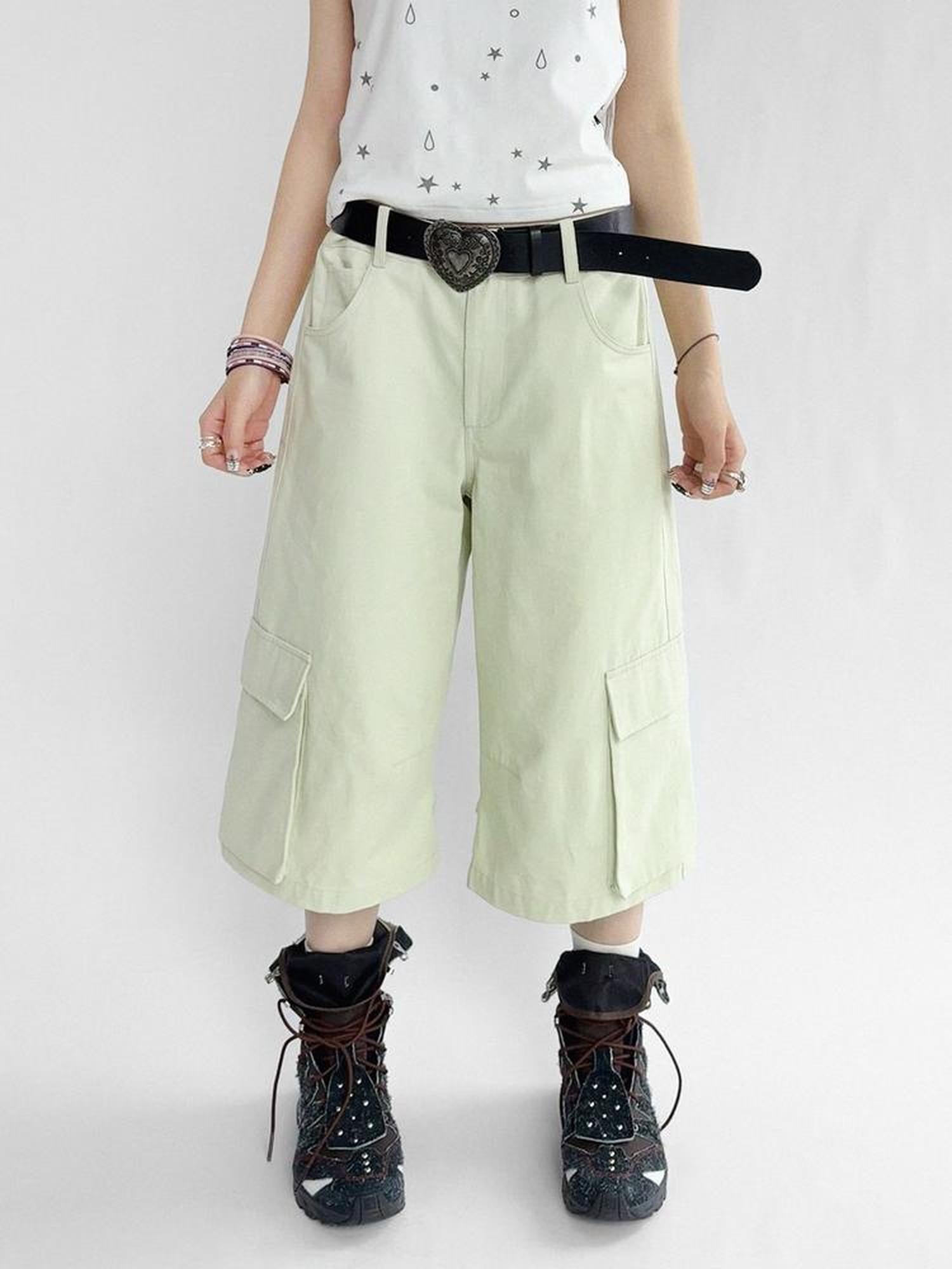 innomoood Low Rise Wide Leg Trousers with Adjustable Pockets in Ice Mint