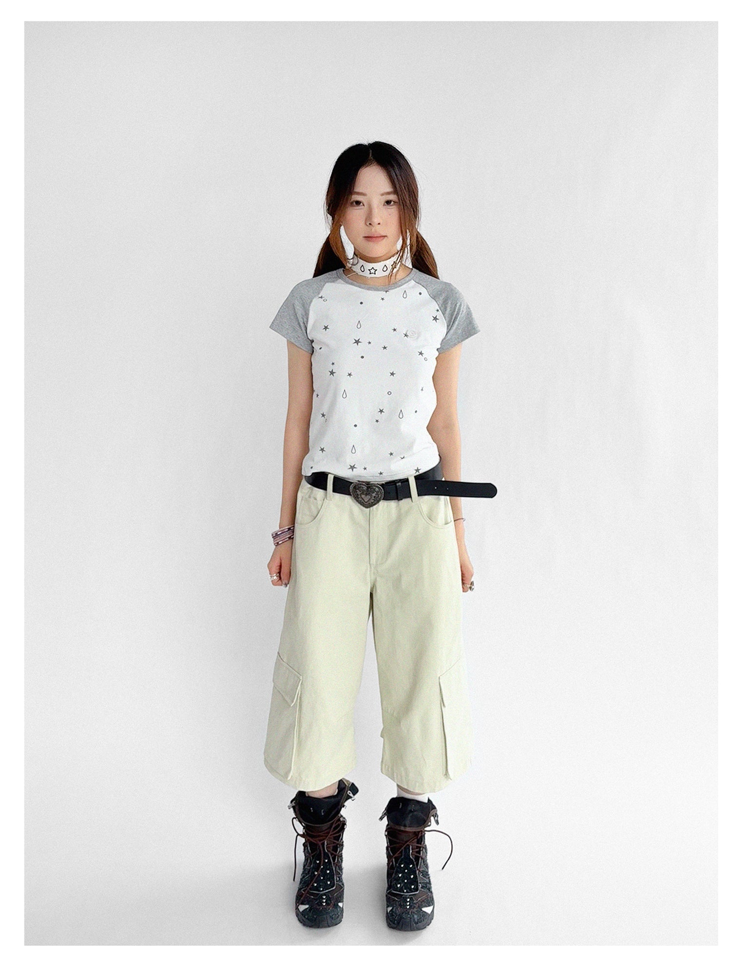 innomoood Low Rise Wide Leg Trousers with Adjustable Pockets in Ice Mint