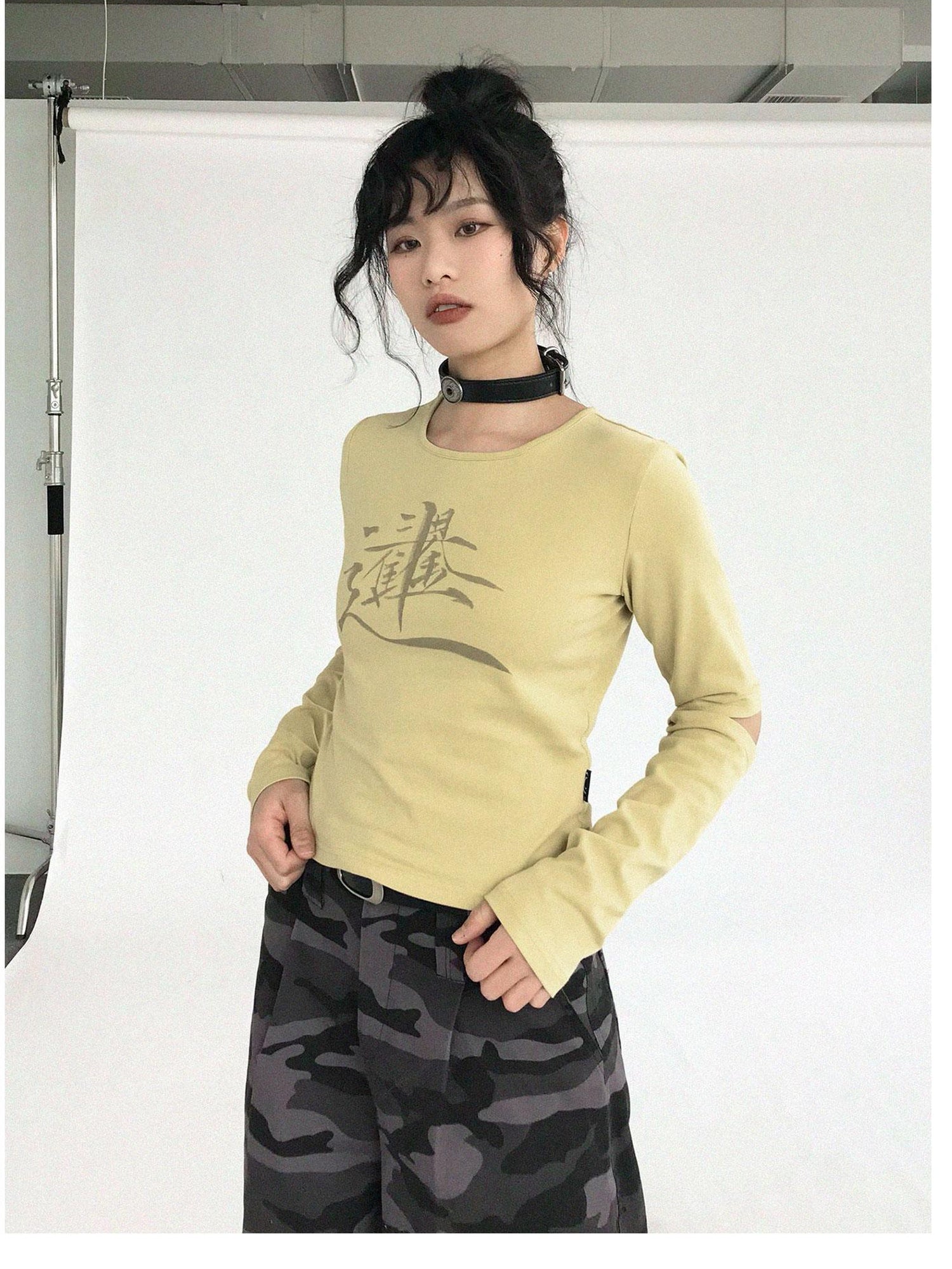 innomoood Lucky Words Print Cotton Tee Relaxed Fit Long Sleeve