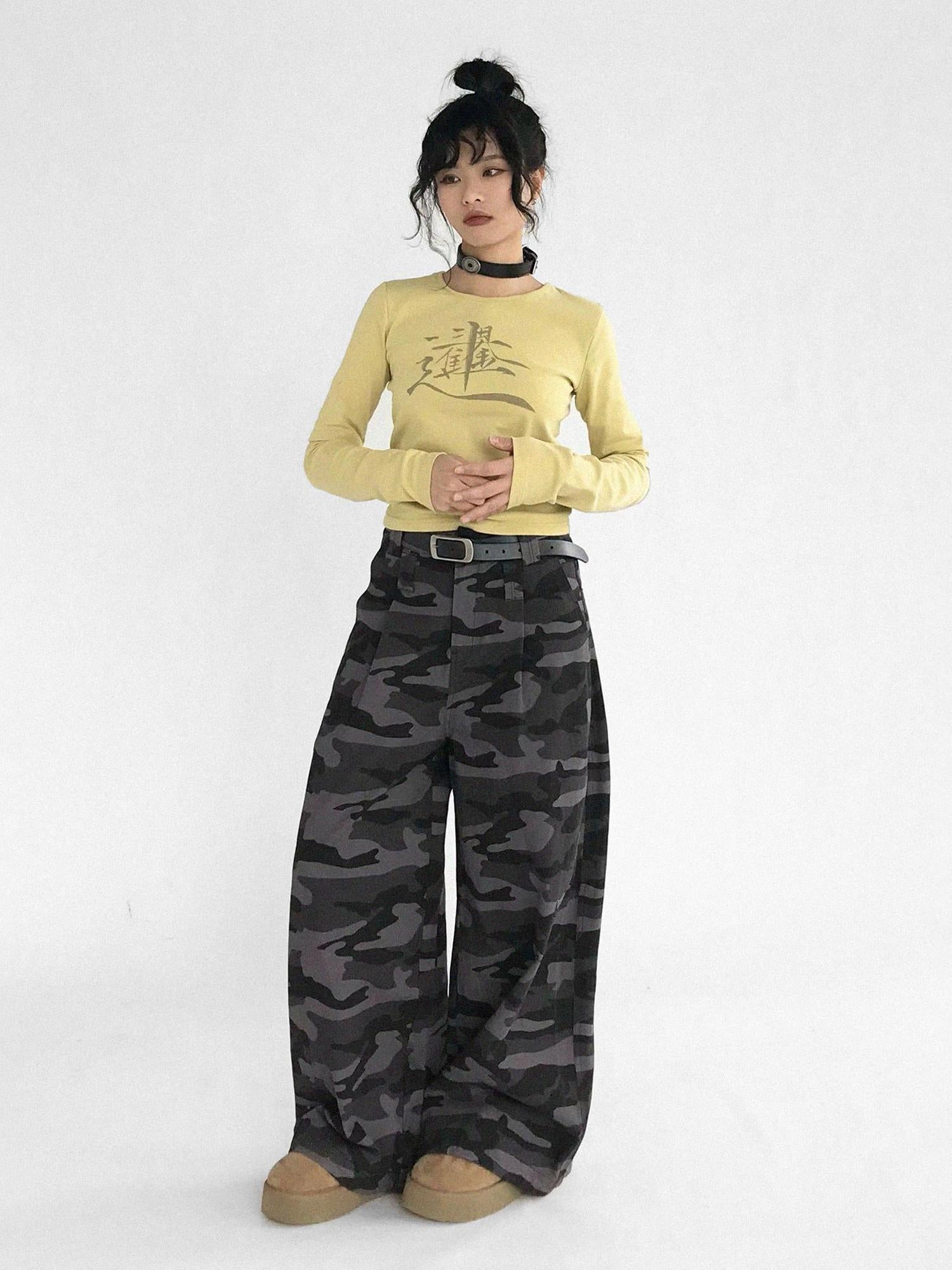 innomoood Lucky Words Print Cotton Tee Relaxed Fit Long Sleeve
