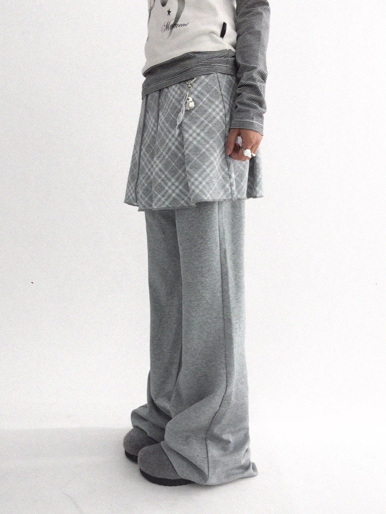 innomoood Minimalist Plaid Knit Faux Two Piece Relaxed Flared Natural Waist Women Pants
