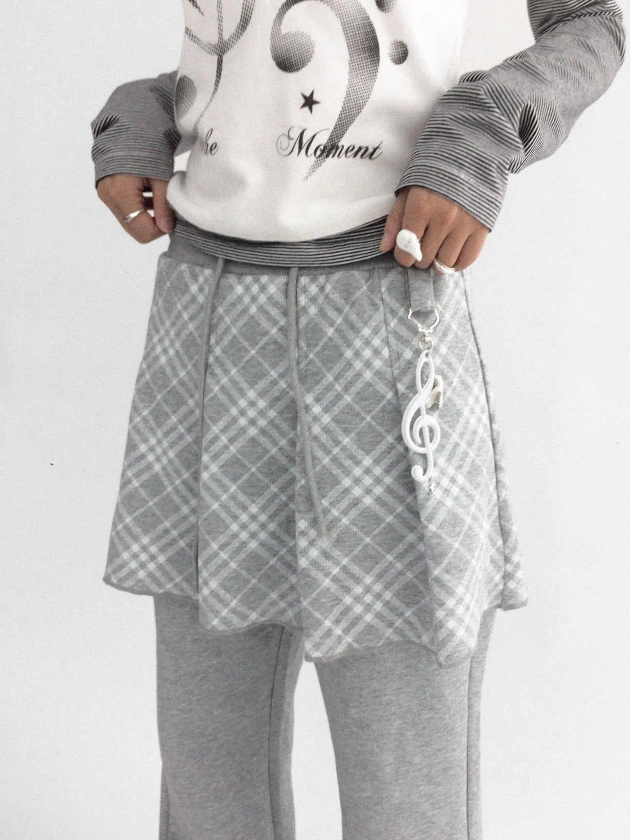 innomoood Minimalist Plaid Knit Faux Two Piece Relaxed Flared Natural Waist Women Pants