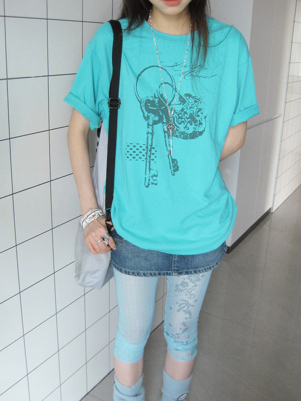 innomoood Mint Green Key Lock Print Loose Crewneck Women&