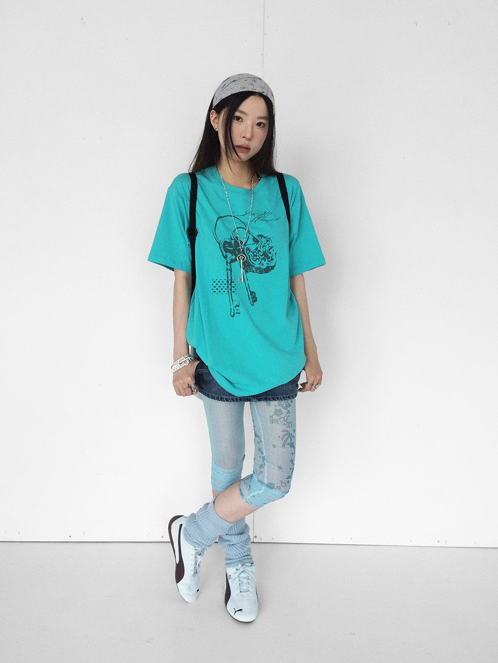 innomoood Mint Green Key Lock Print Loose Crewneck Women&