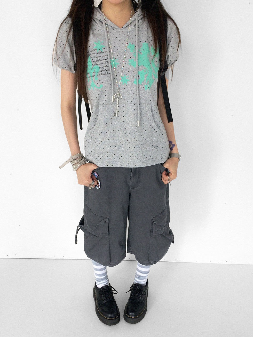 innomoood Mint Polka Dot Print Puff Sleeve Hooded Women&