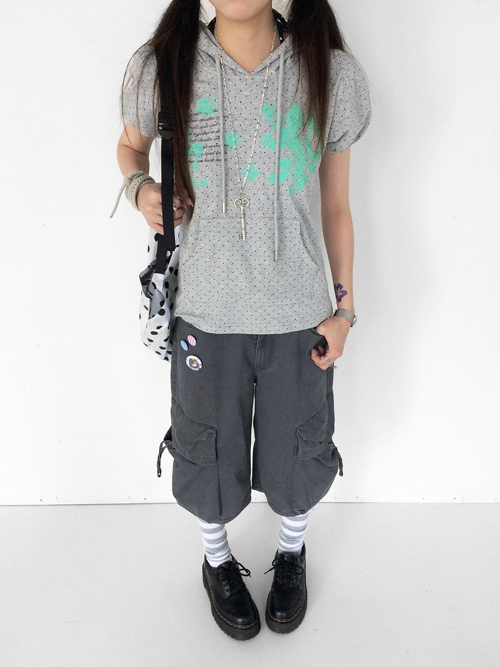 innomoood Mint Polka Dot Print Puff Sleeve Hooded Women&