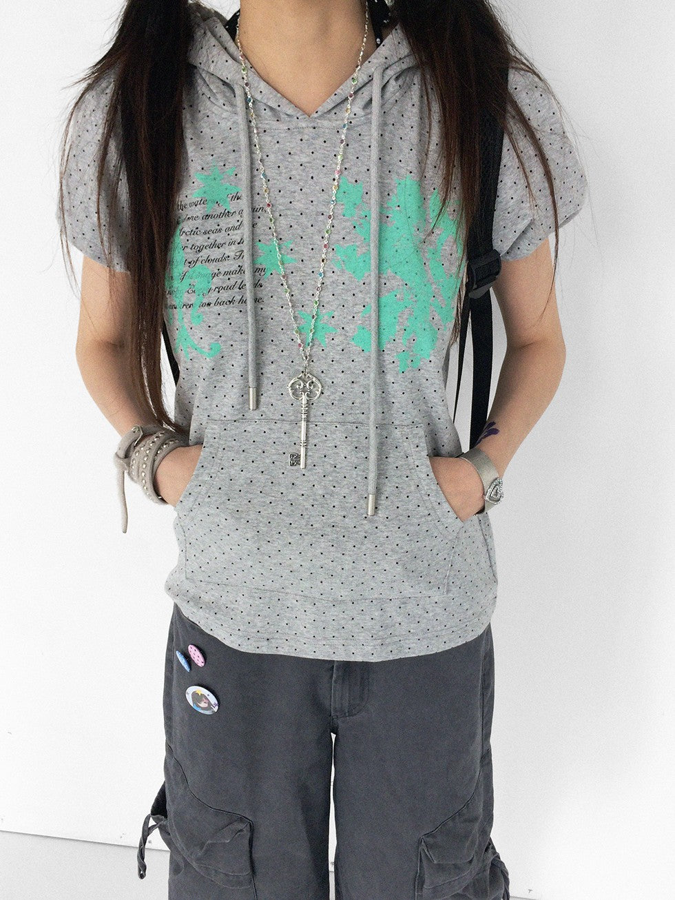 innomoood Mint Polka Dot Print Puff Sleeve Hooded Women&