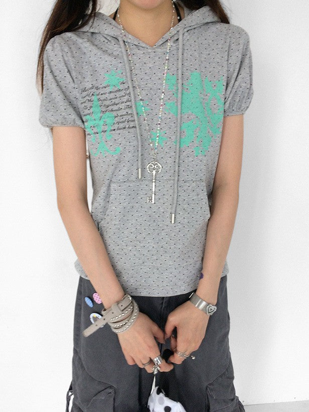innomoood Mint Polka Dot Print Puff Sleeve Hooded Women&