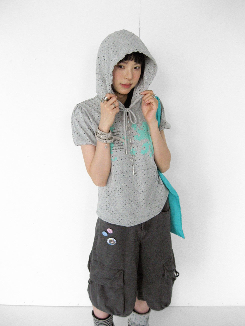 innomoood Mint Polka Dot Print Puff Sleeve Hooded Women&