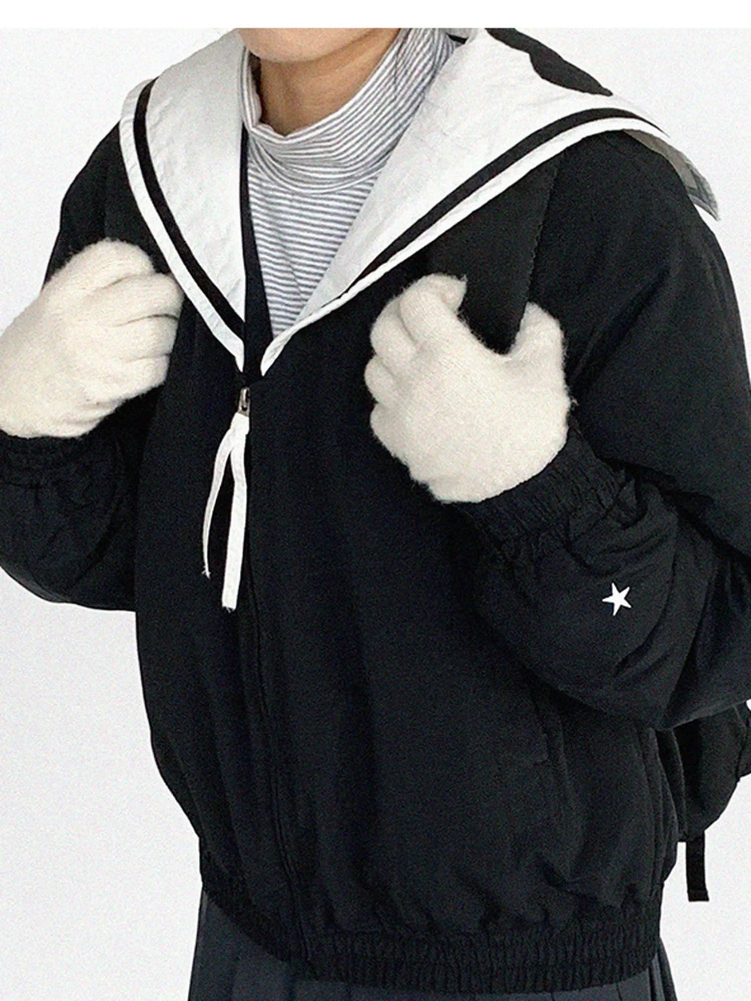 Navy Collar Contrast Cotton Coat Embroidery Detailing