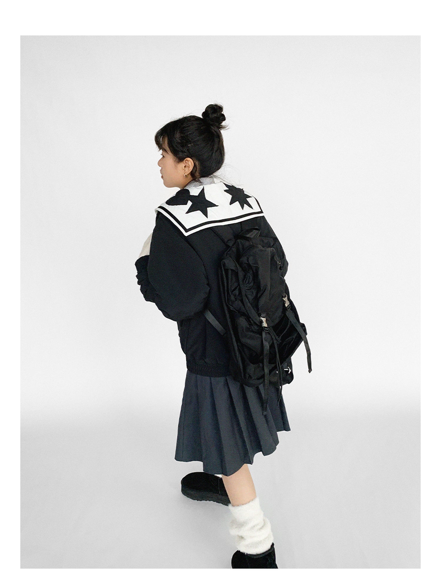 innomoood Navy Collar Contrast Cotton Coat Embroidery Detailing