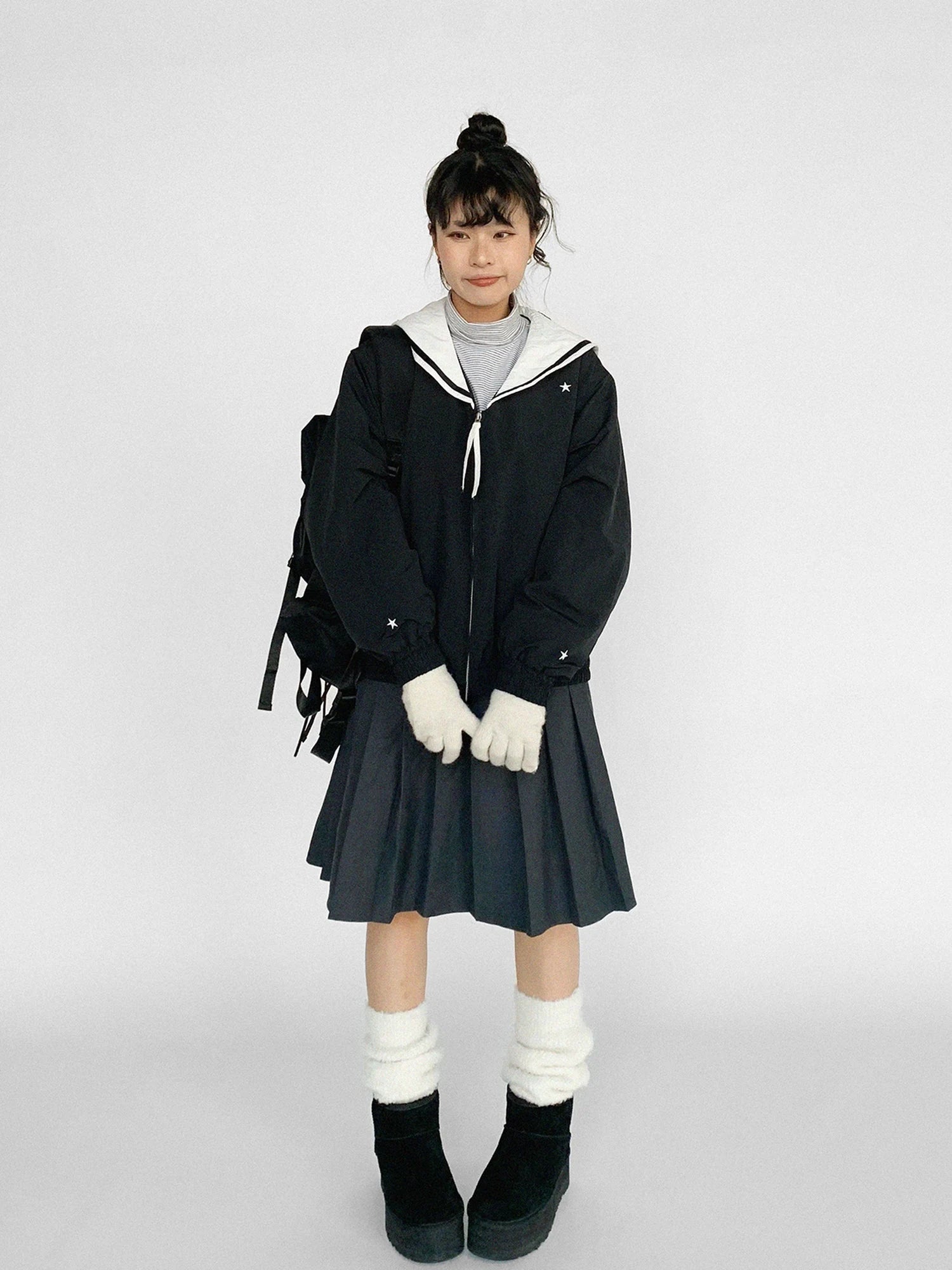 Navy Collar Contrast Cotton Coat Embroidery Detailing