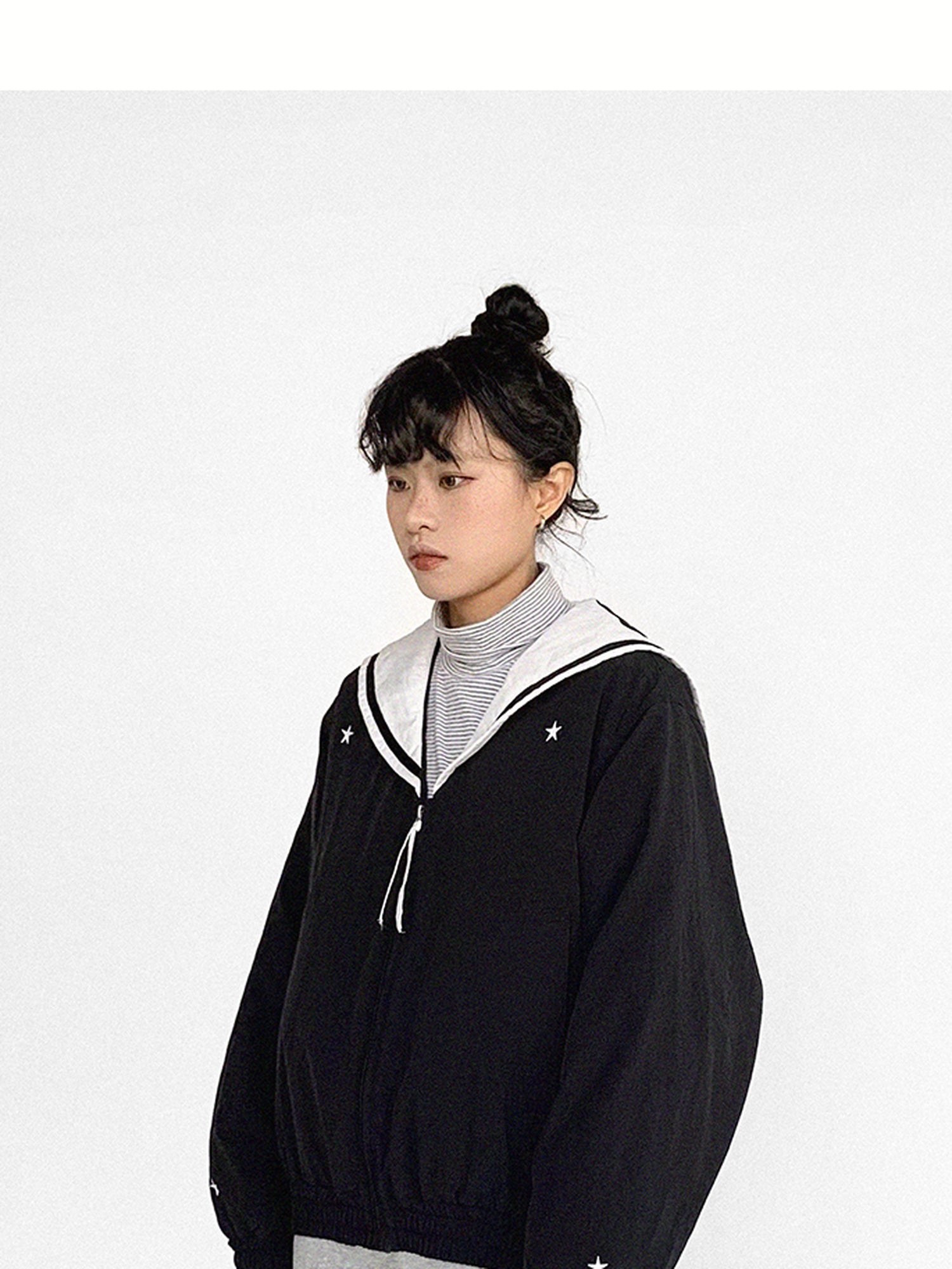 innomoood Navy Collar Contrast Cotton Coat Embroidery Detailing