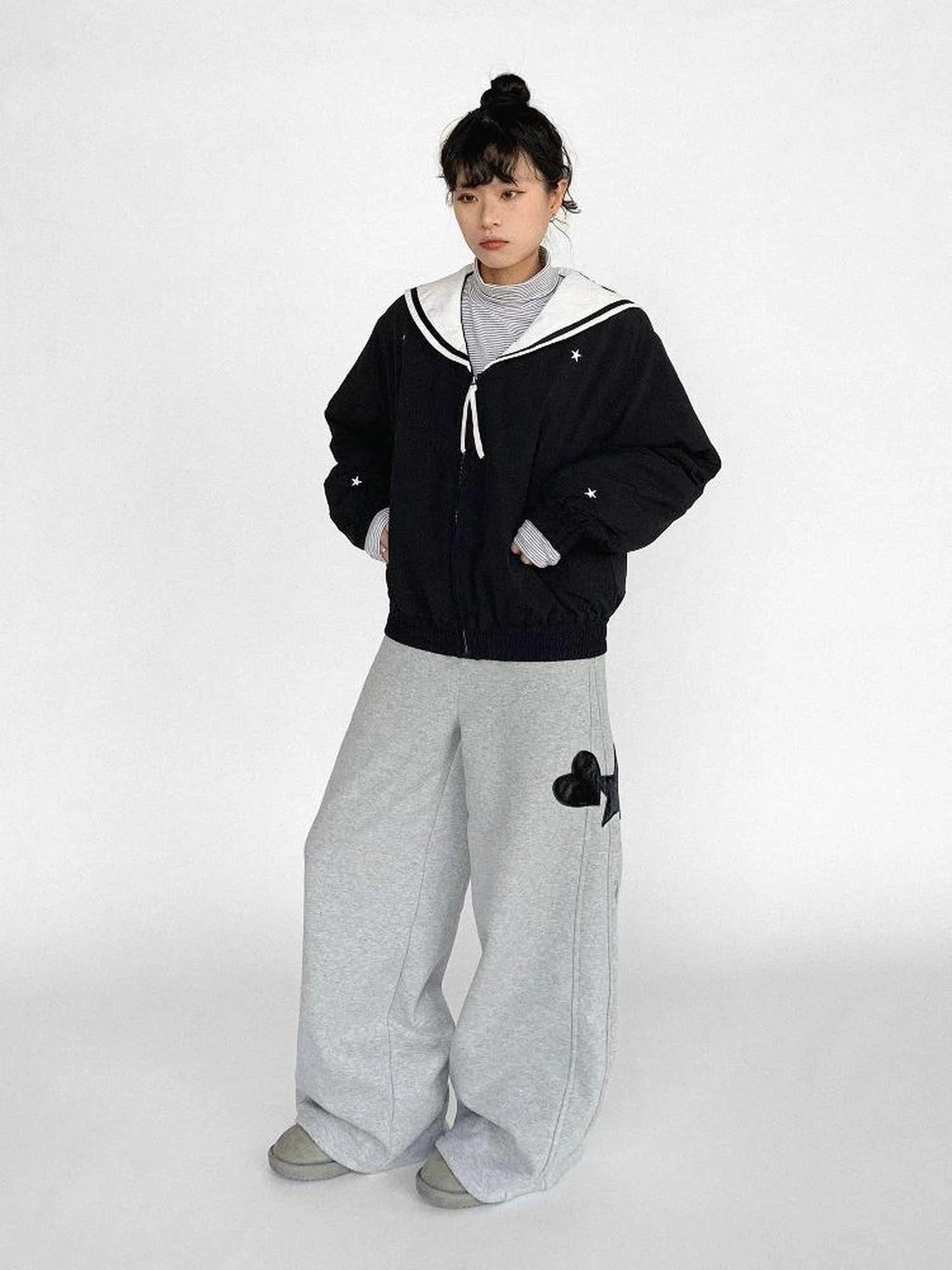 Navy Collar Contrast Cotton Coat Embroidery Detailing