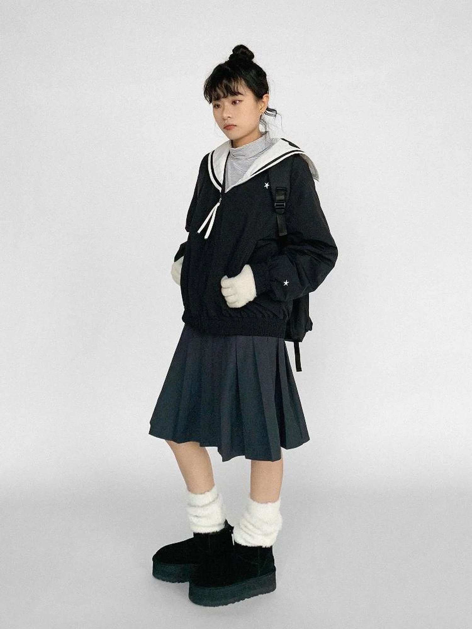 Navy Collar Contrast Cotton Coat Embroidery Detailing