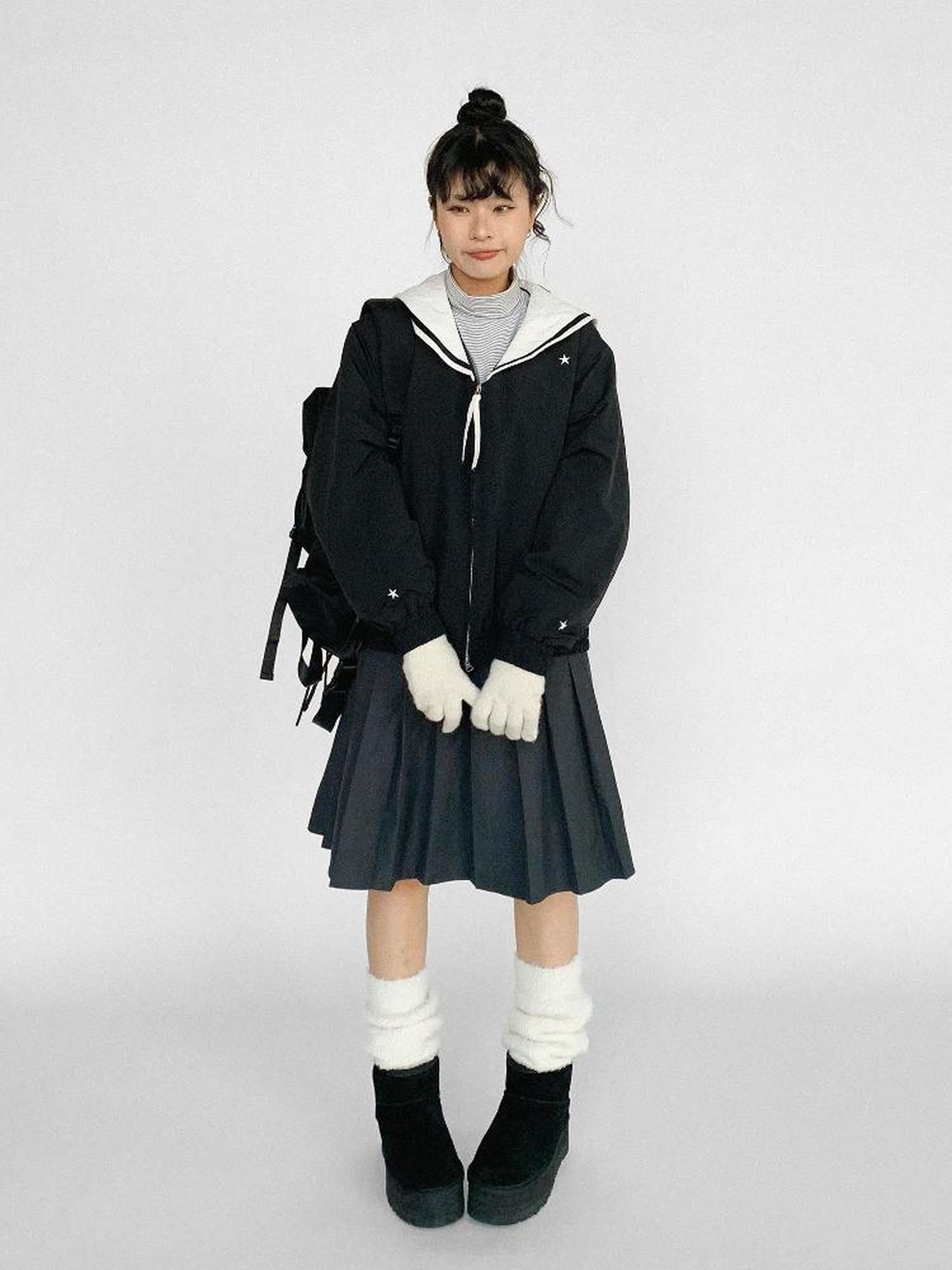 innomoood Navy Collar Contrast Cotton Coat Embroidery Detailing
