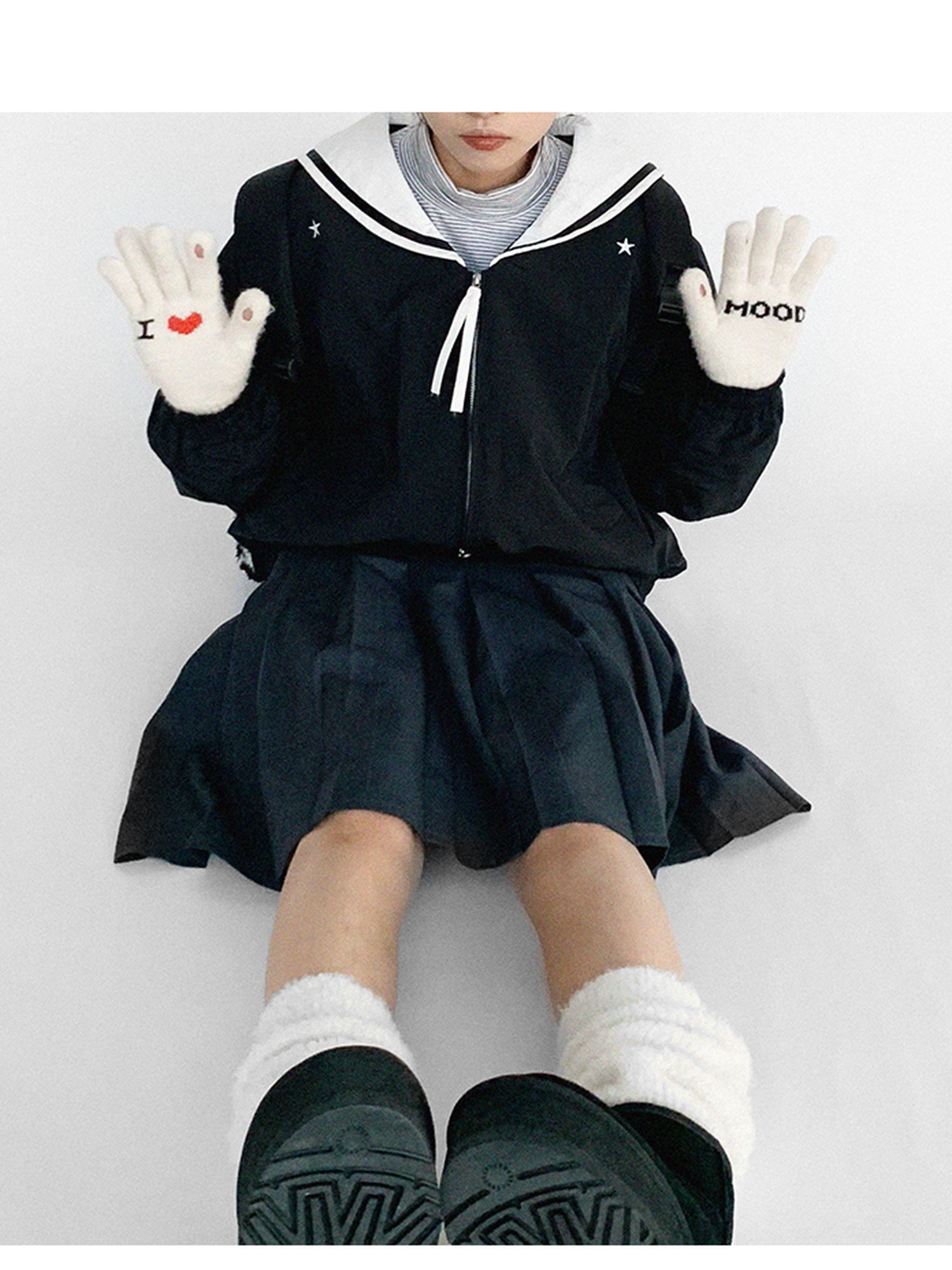 innomoood Navy Collar Contrast Cotton Coat Embroidery Detailing