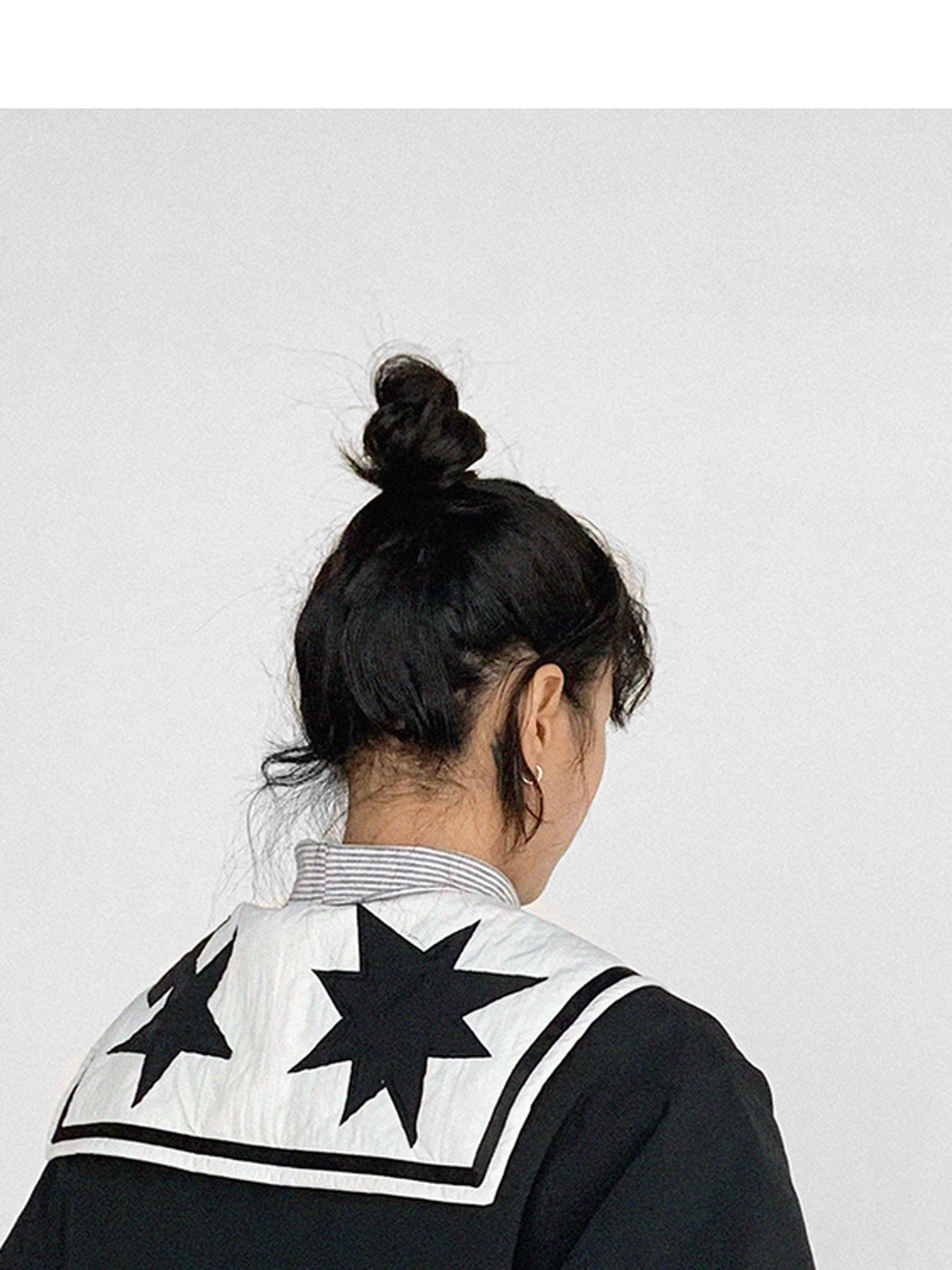 innomoood Navy Collar Contrast Cotton Coat Embroidery Detailing