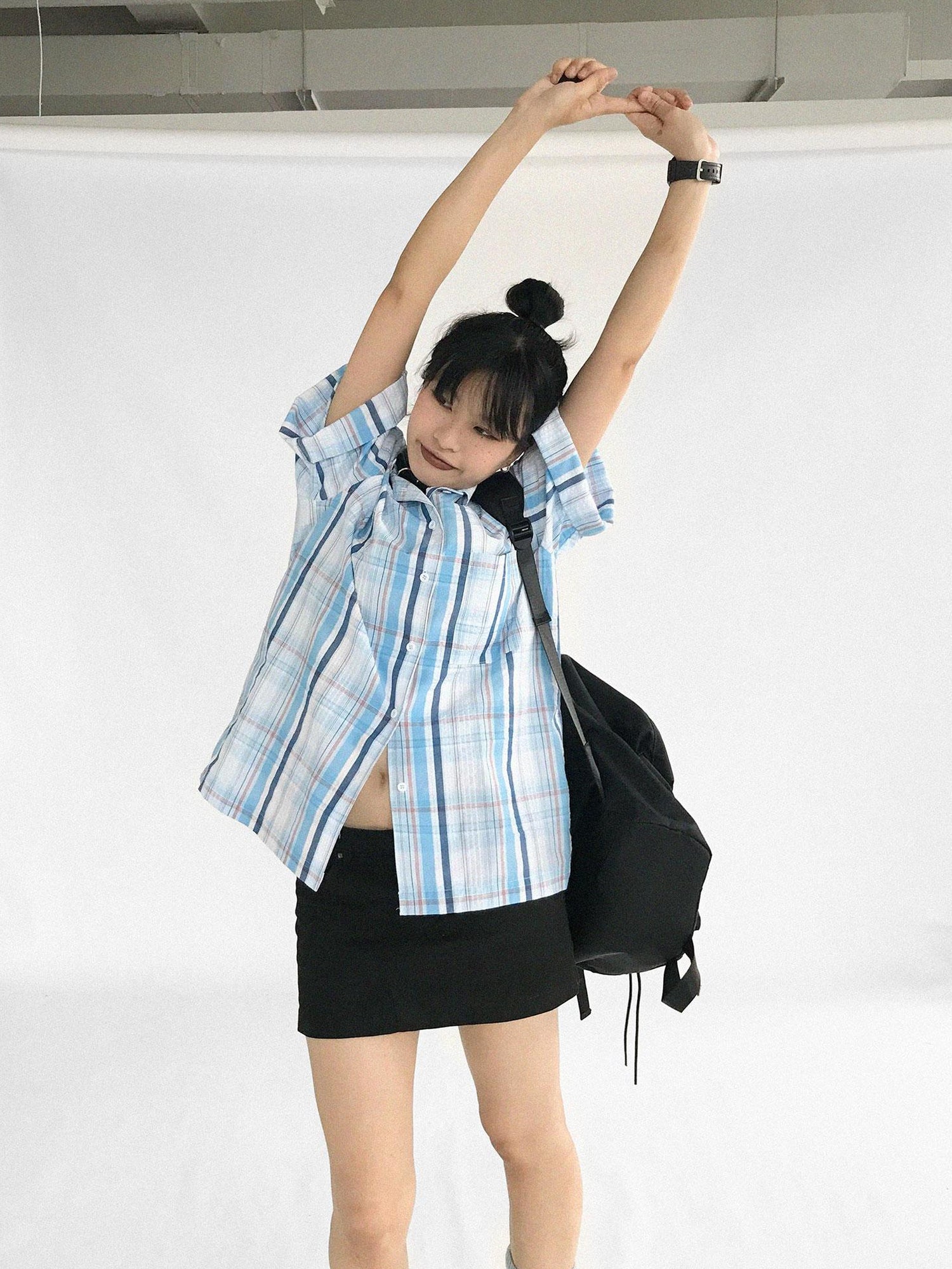 innomoood Oversize Gingham Shirt In Ice Blue