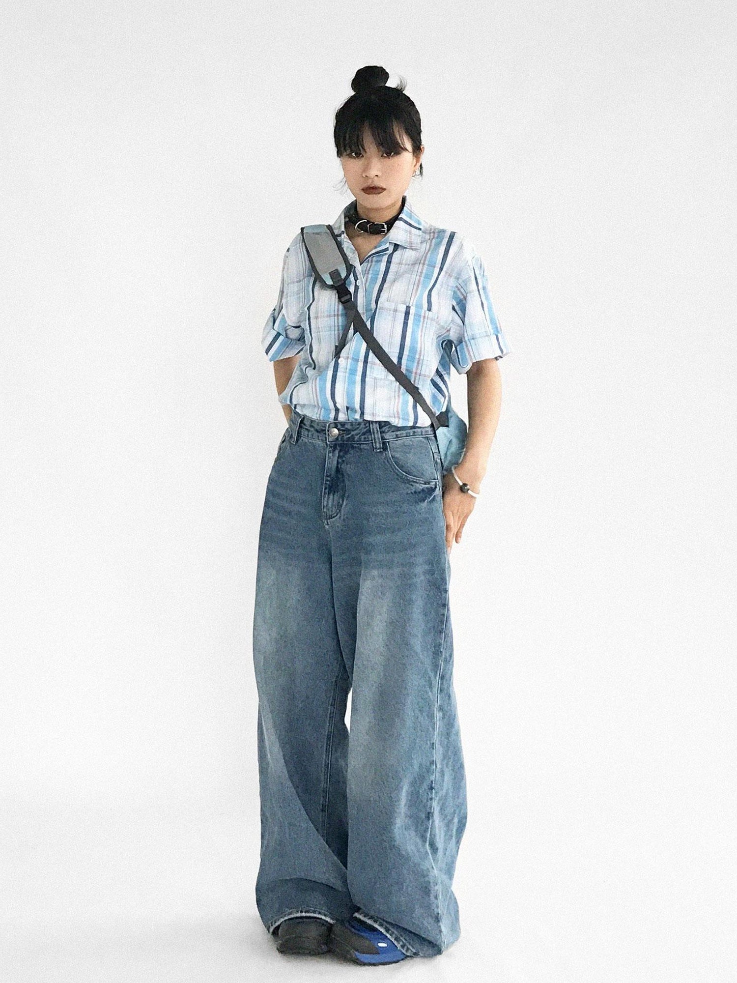 innomoood Oversize Gingham Shirt In Ice Blue