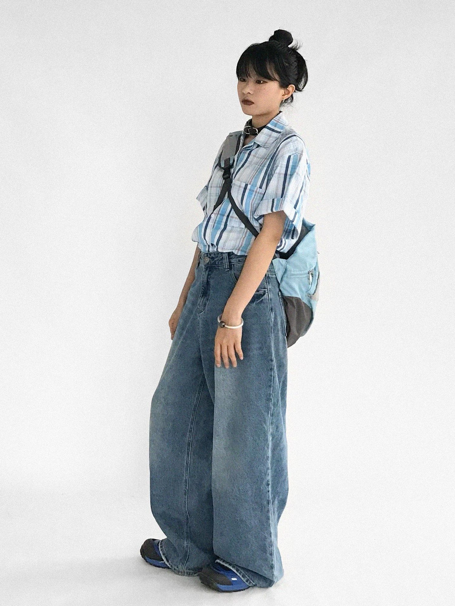 innomoood Oversize Gingham Shirt In Ice Blue