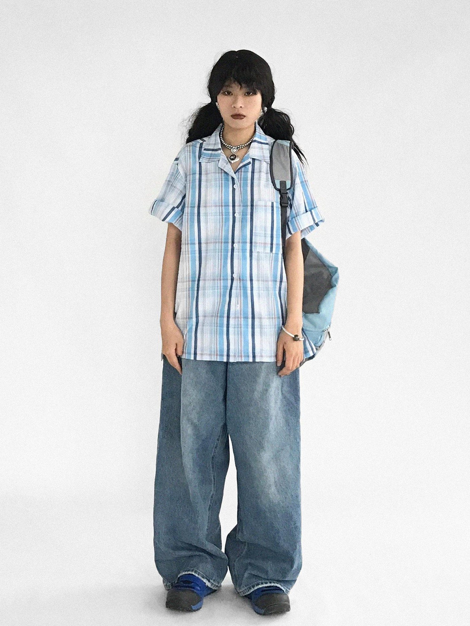 innomoood Oversize Gingham Shirt In Ice Blue
