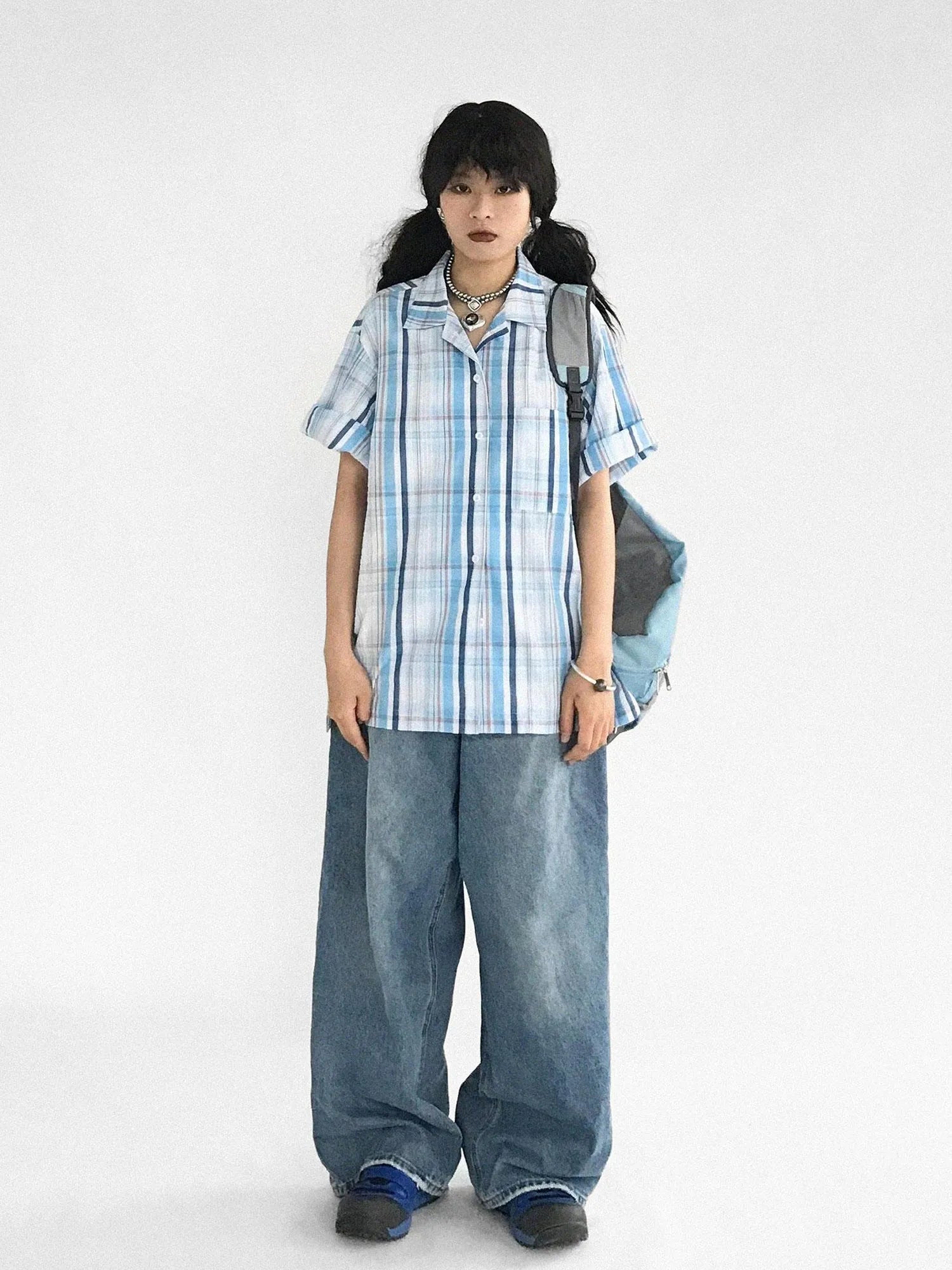 Oversize Gingham Shirt In Ice Blue