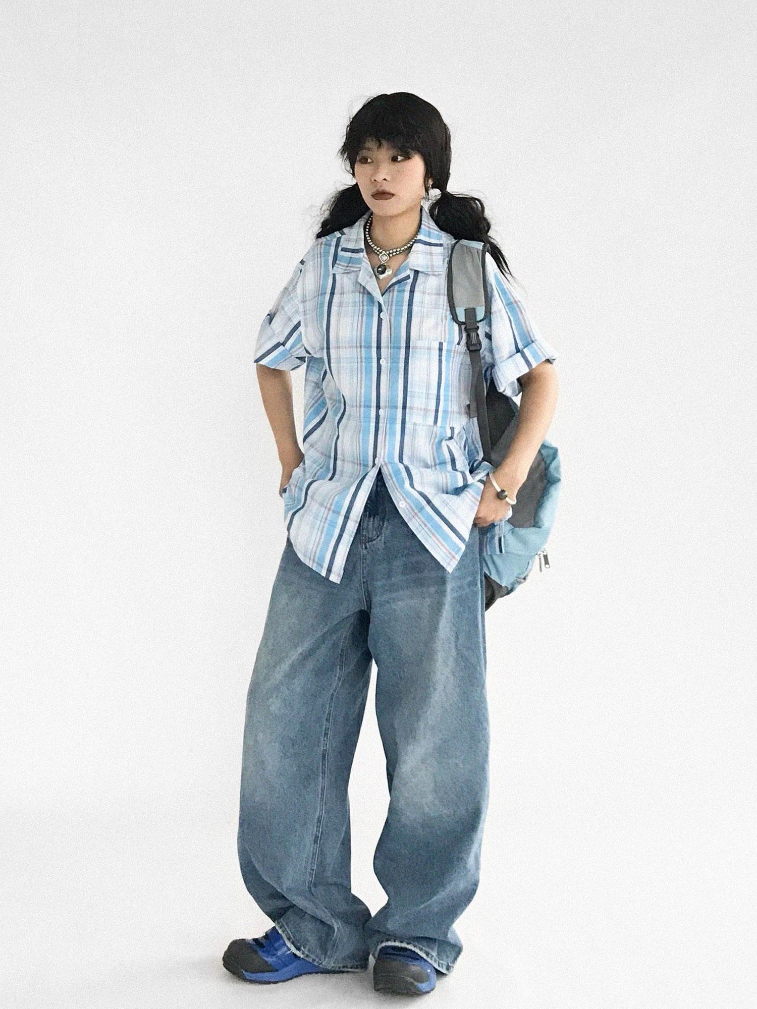 innomoood Oversize Gingham Shirt In Ice Blue