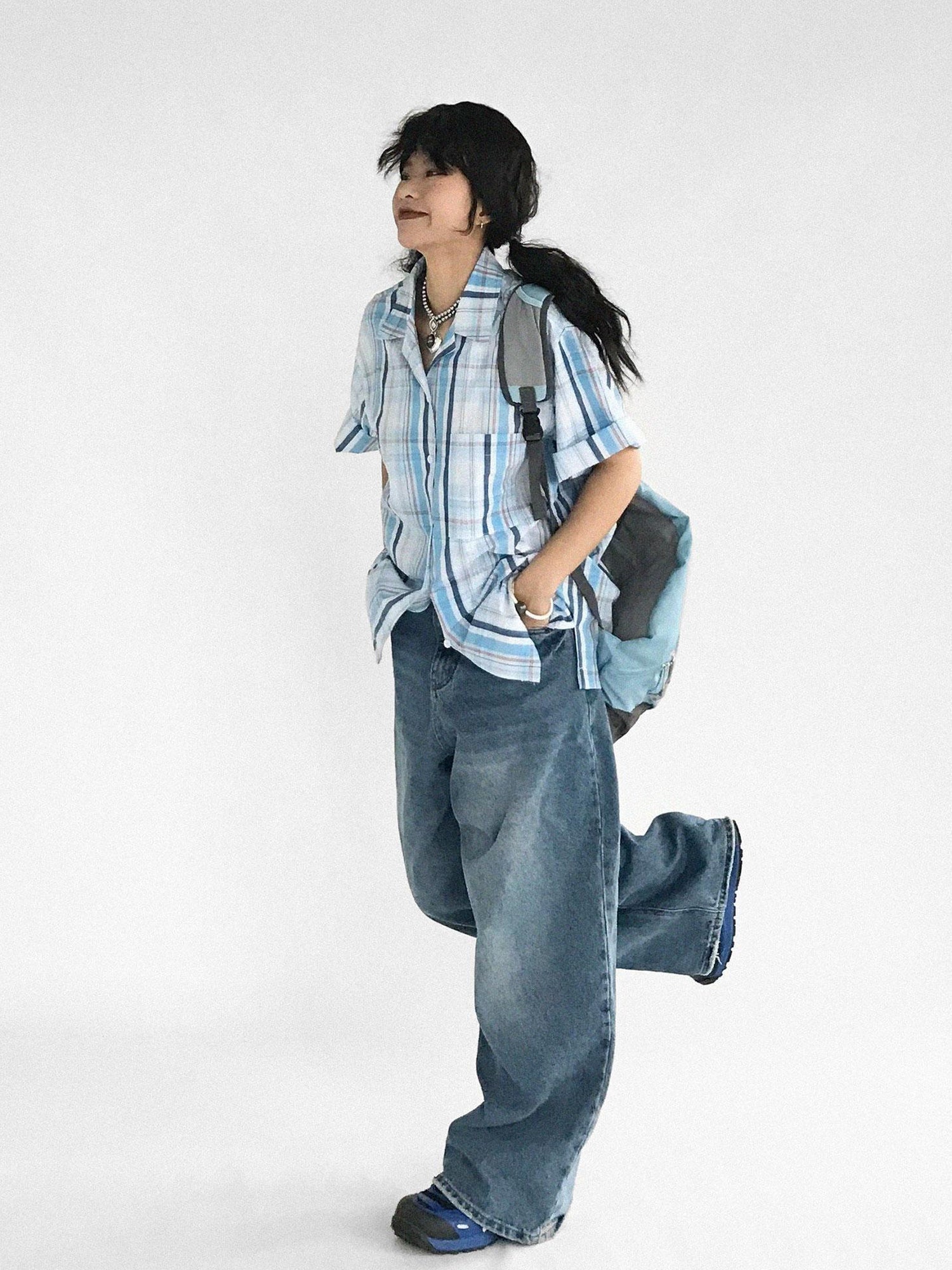 innomoood Oversize Gingham Shirt In Ice Blue