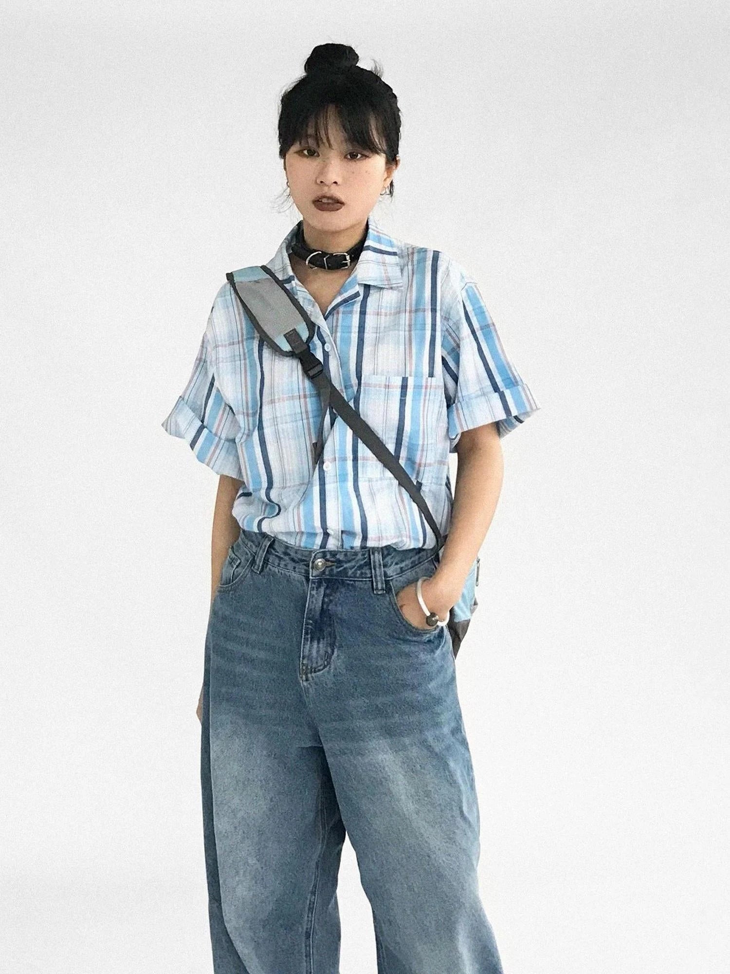 Oversize Gingham Shirt In Ice Blue