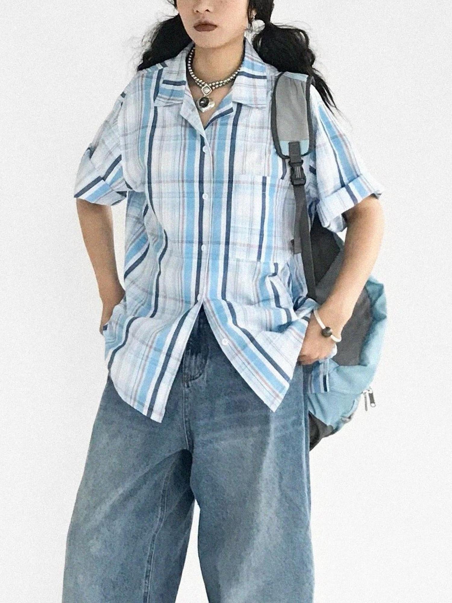 innomoood Oversize Gingham Shirt In Ice Blue