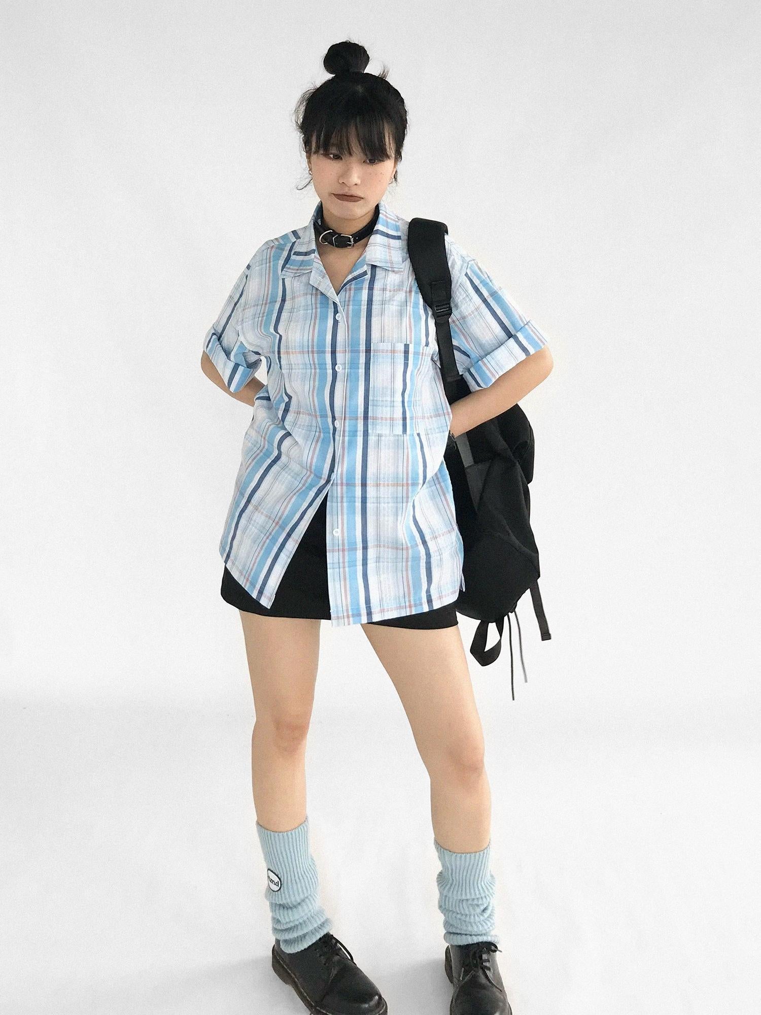 innomoood Oversize Gingham Shirt In Ice Blue