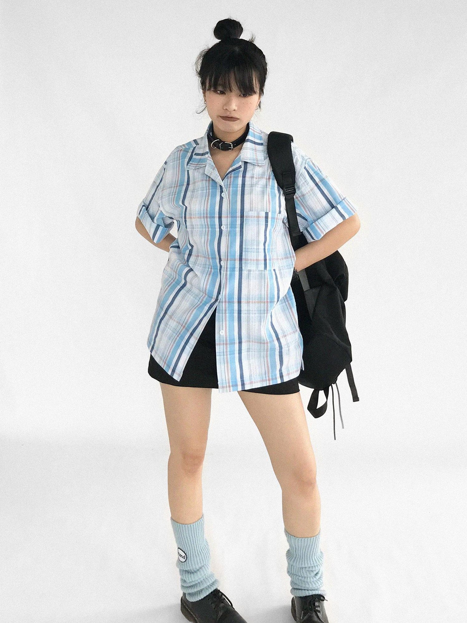 innomoood Oversize Gingham Shirt In Ice Blue