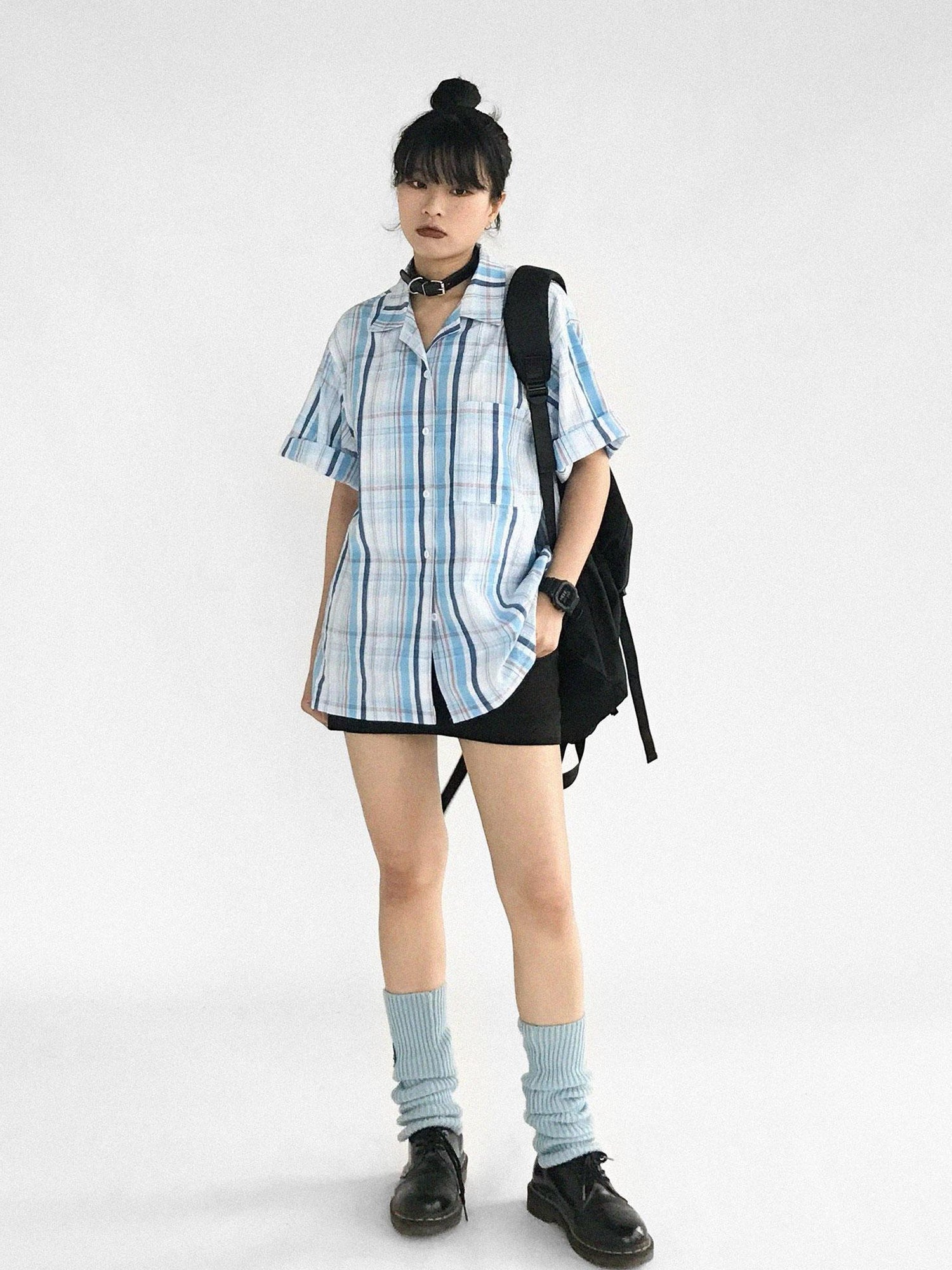 innomoood Oversize Gingham Shirt In Ice Blue