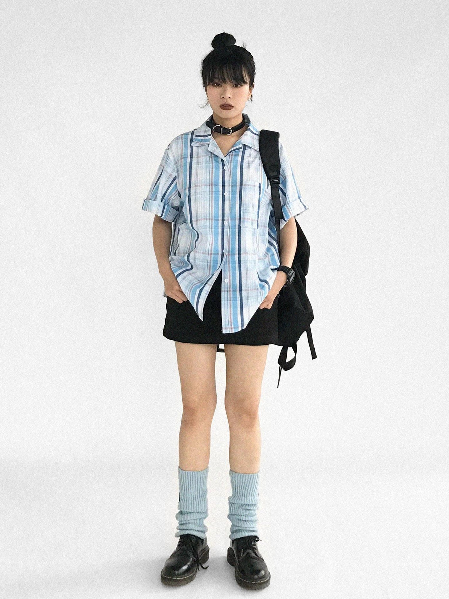 innomoood Oversize Gingham Shirt In Ice Blue