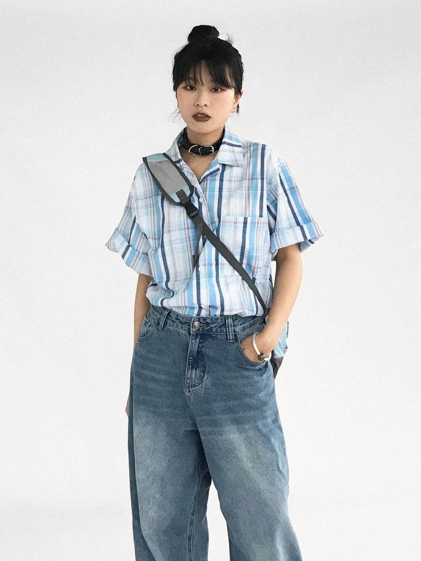 Oversize Gingham Shirt In Ice Blue