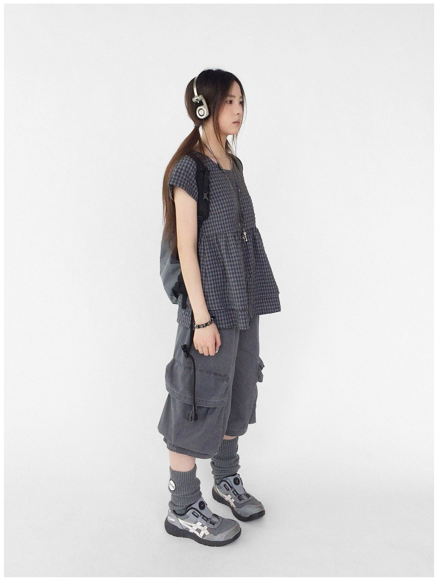innomoood Oversized Plaid Textured A Line Dress With Double Hem